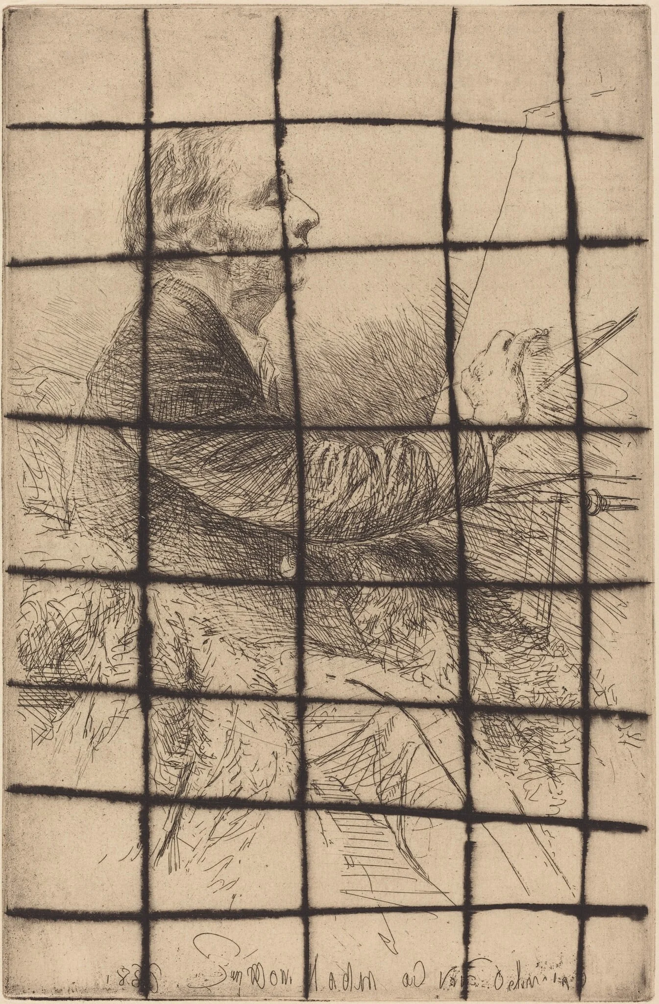 Self-Portrait at the Easel, by Francis Seymour Haden, ink, 1883