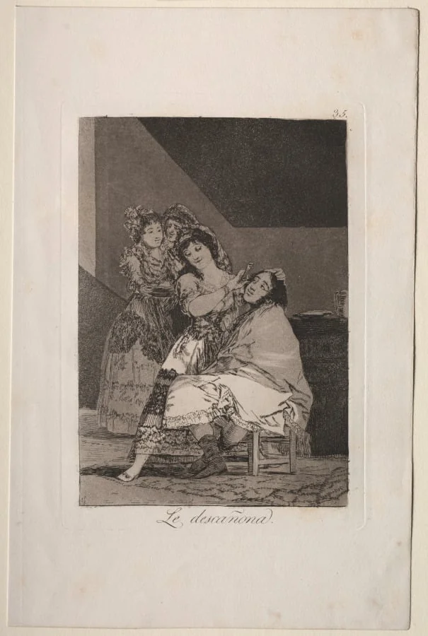 She Fleeces Him, Plate 35, by Francisco Goya, 1799