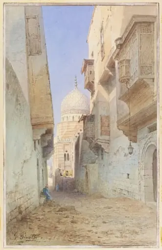 Street Scene in Cairo, with the dome of a tomb