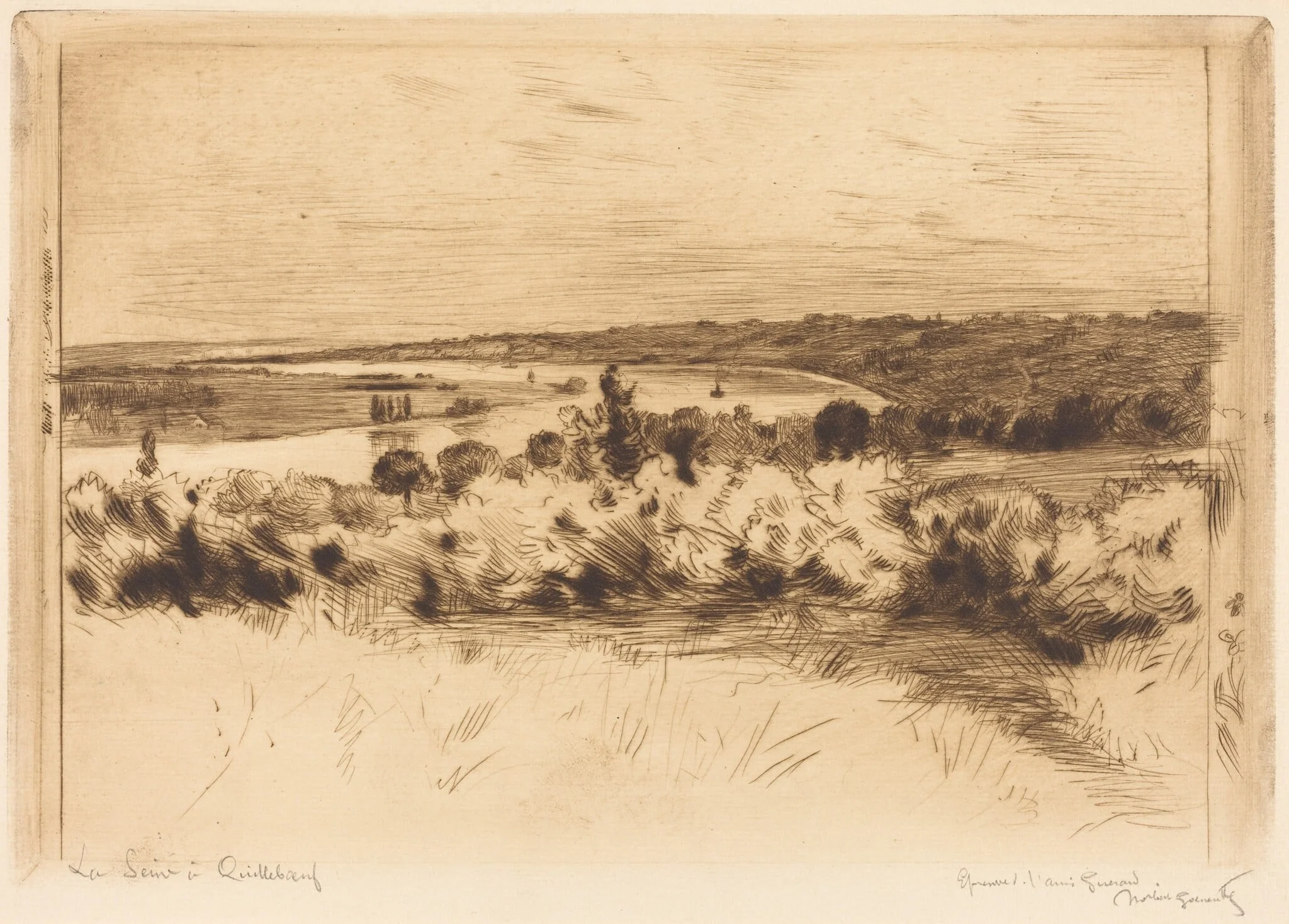 The Seine at Quilleboeuf (La Seine a Quilleboeuf), by Norbert Goeneutte, ink, 1890