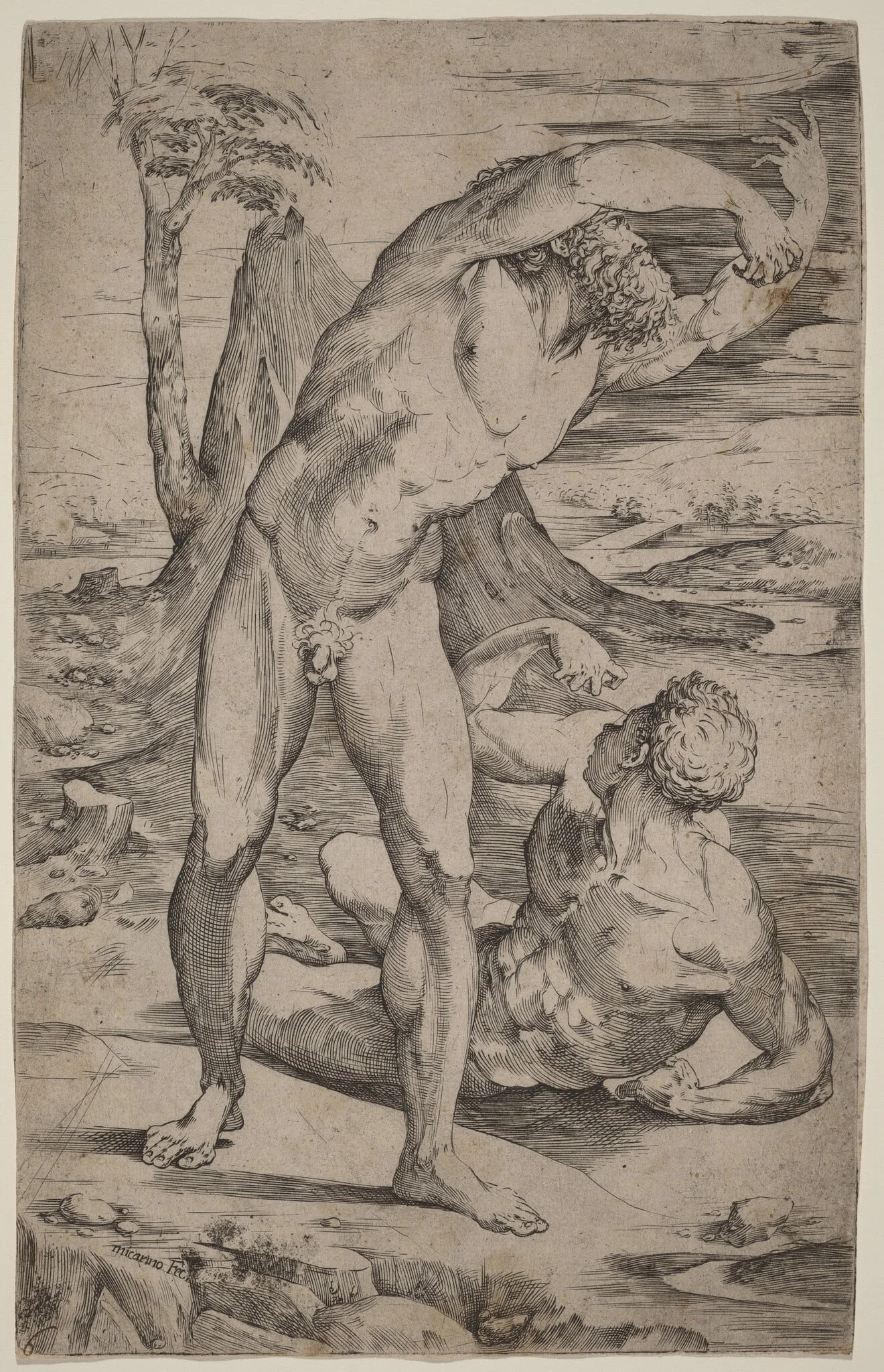 Two Male Nudes Gesturing in a Landscape, by Domenico Beccafumi, ink, 1537