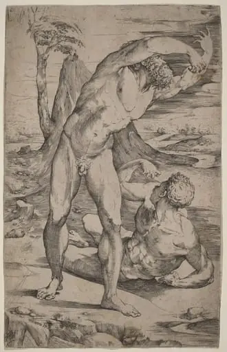 Two Male Nudes Gesturing in a Landscape