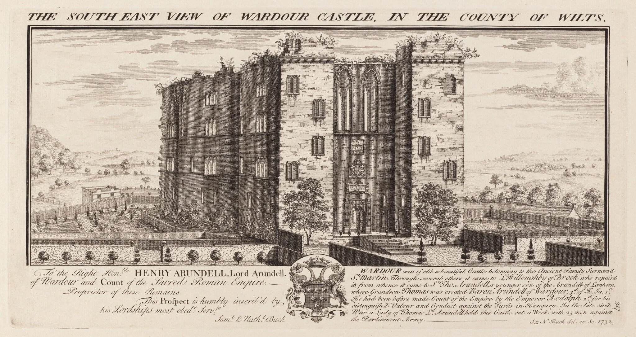 The South-East View of Brough-Castle, in the County of Westmorland, by Samuel Buck, ink, 1732