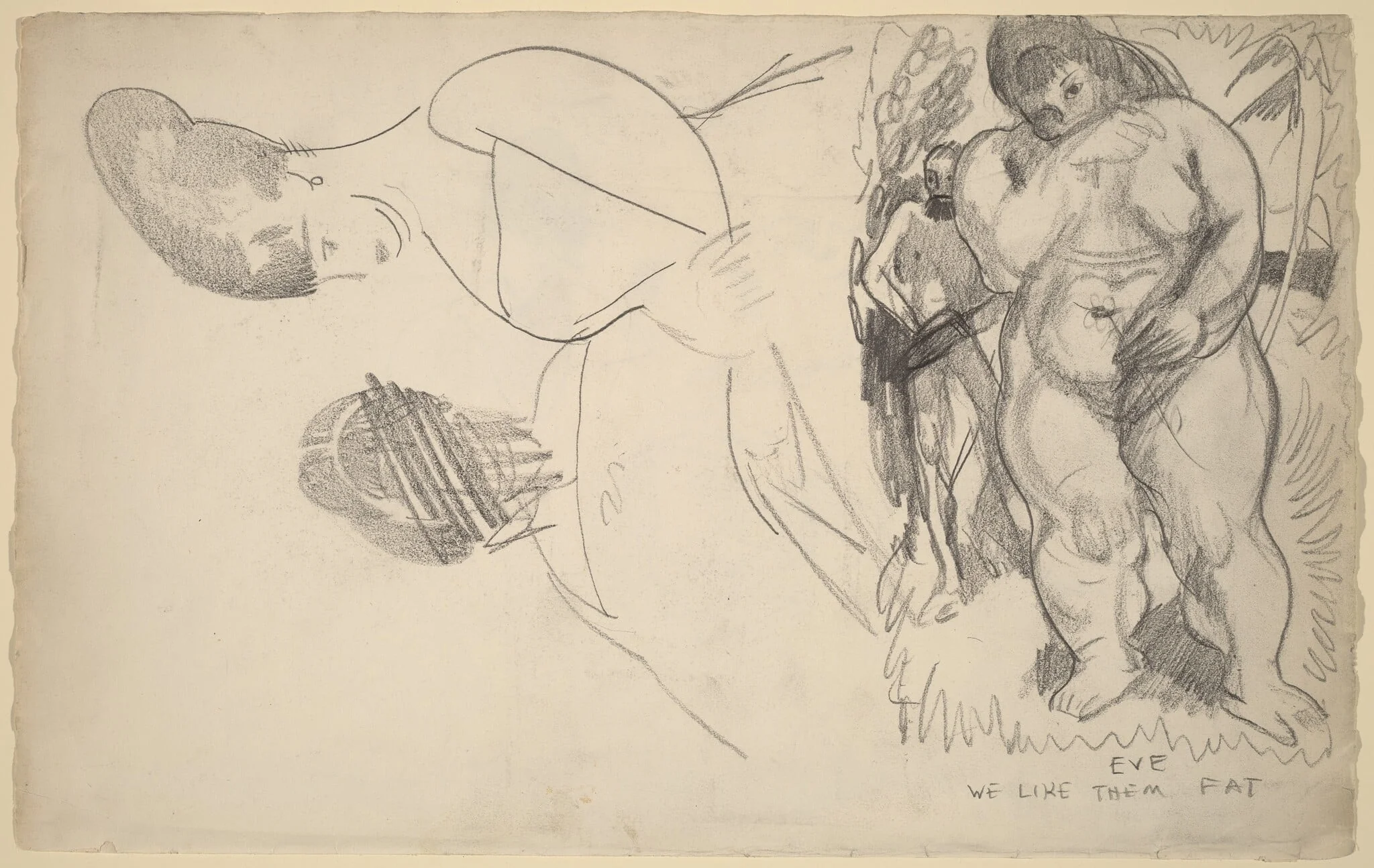 Caricature of Adam and Eve and Two Female Portrait Sketches