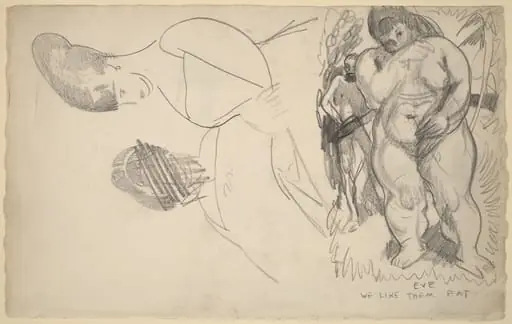 Caricature of Adam and Eve and Two Female Portrait Sketches