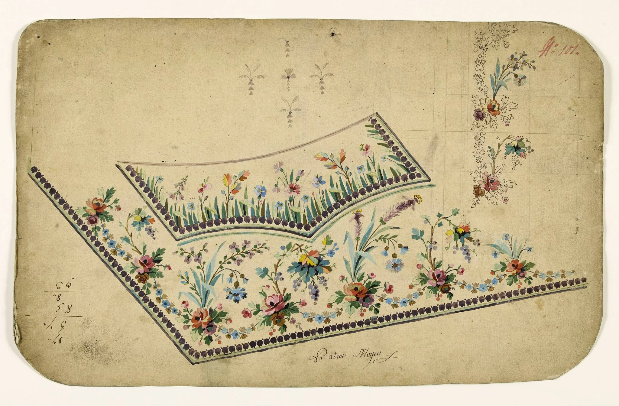 Composition de bouquets de fleurs et de grappes, guirlandes de fleurs et frises de perles pourpres, projets de broderies de gilet, XVIIIème siècle, by Anonyme, 1750