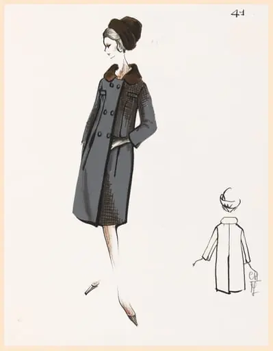 Manteau bleu ardoise à carreaux marron avec col marron et chapeau assorti