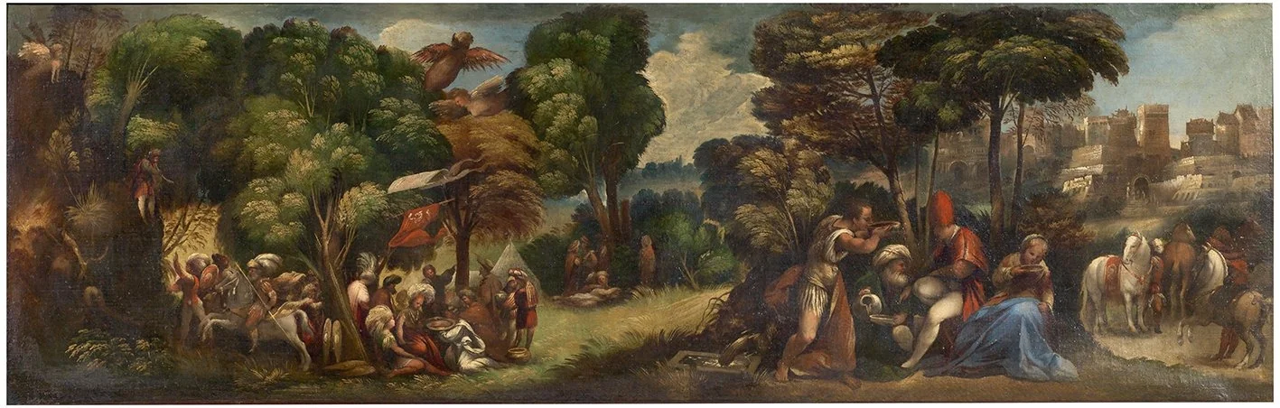 Arrival of the Trojans at the Strophades Islands and the Attack of the Harpies, by Dosso Dossi, oil, 1520