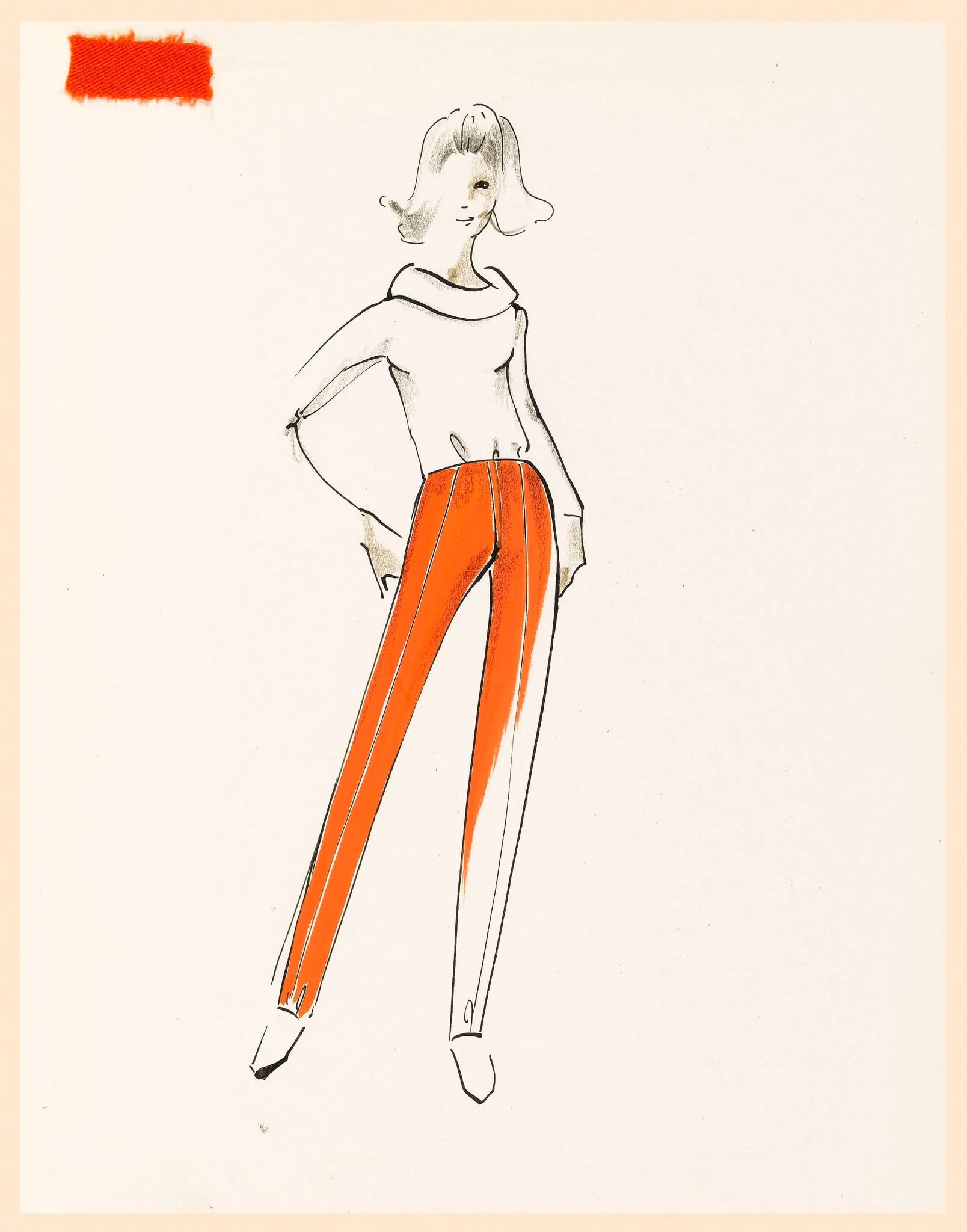 Pull-over à manches longues et à encolure épaisse et pantalon orange, by Carven, 1965