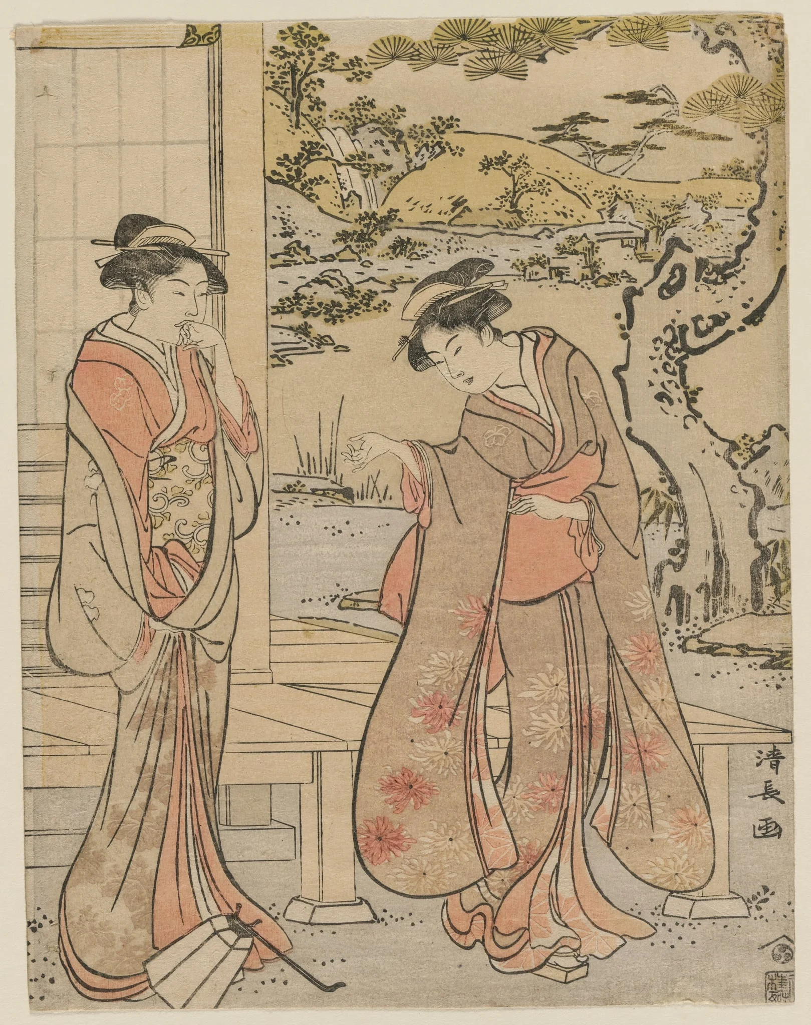 Woman Dropping a Lantern by a Porch, by Torii Kiyonaga, 1788