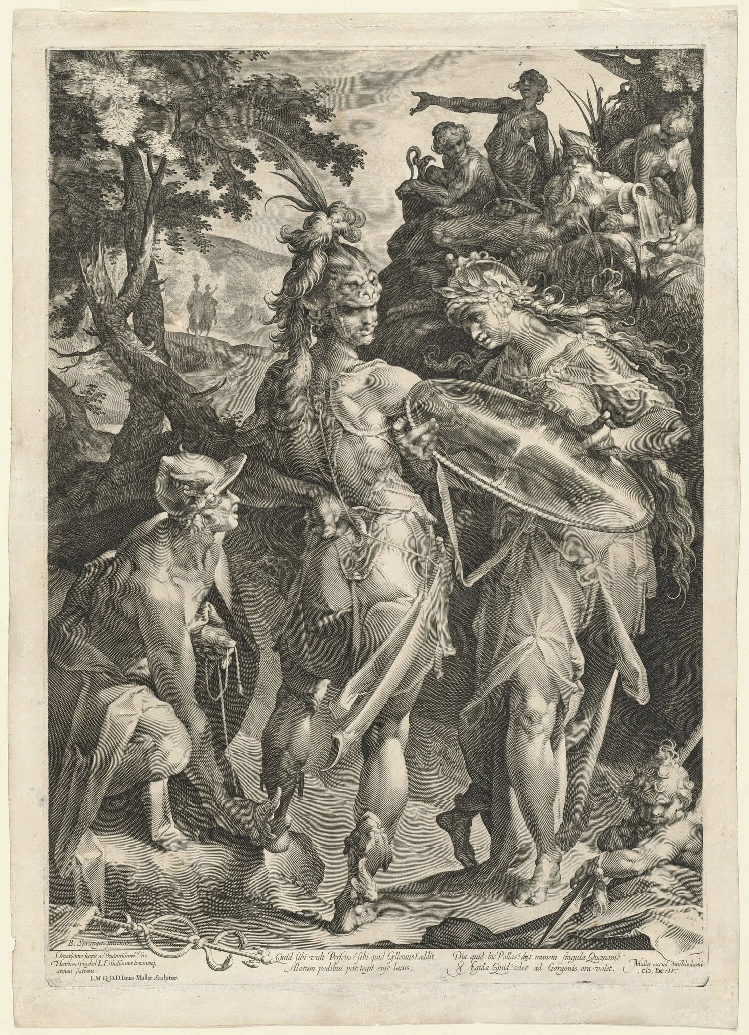 Minerva and Mercury Arming Perseus, by Jan Muller, ink, 1604