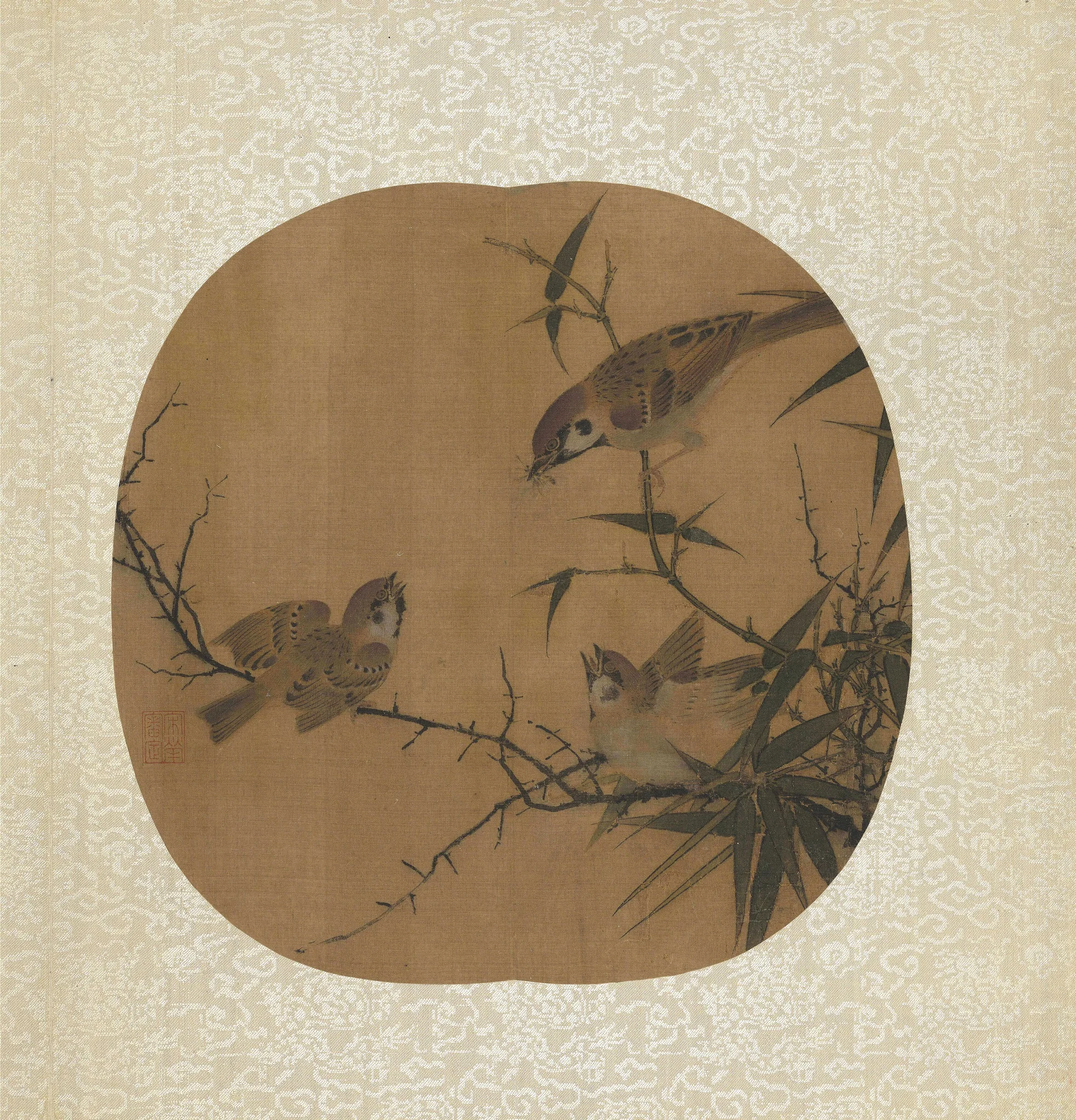 Sparrows, Bamboo, and a Tree, by Unknown, unspecified