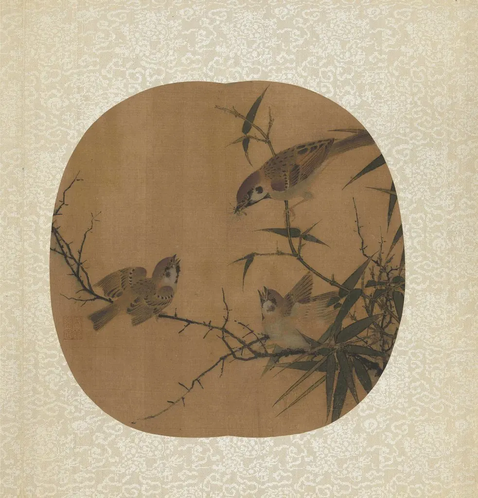 Sparrows, Bamboo, and a Tree