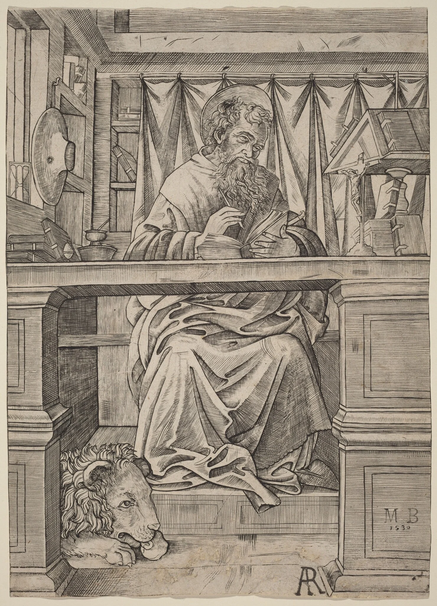 Saint Jerome in His Study, by Giovanni Antonio da Brescia, ink, 1510
