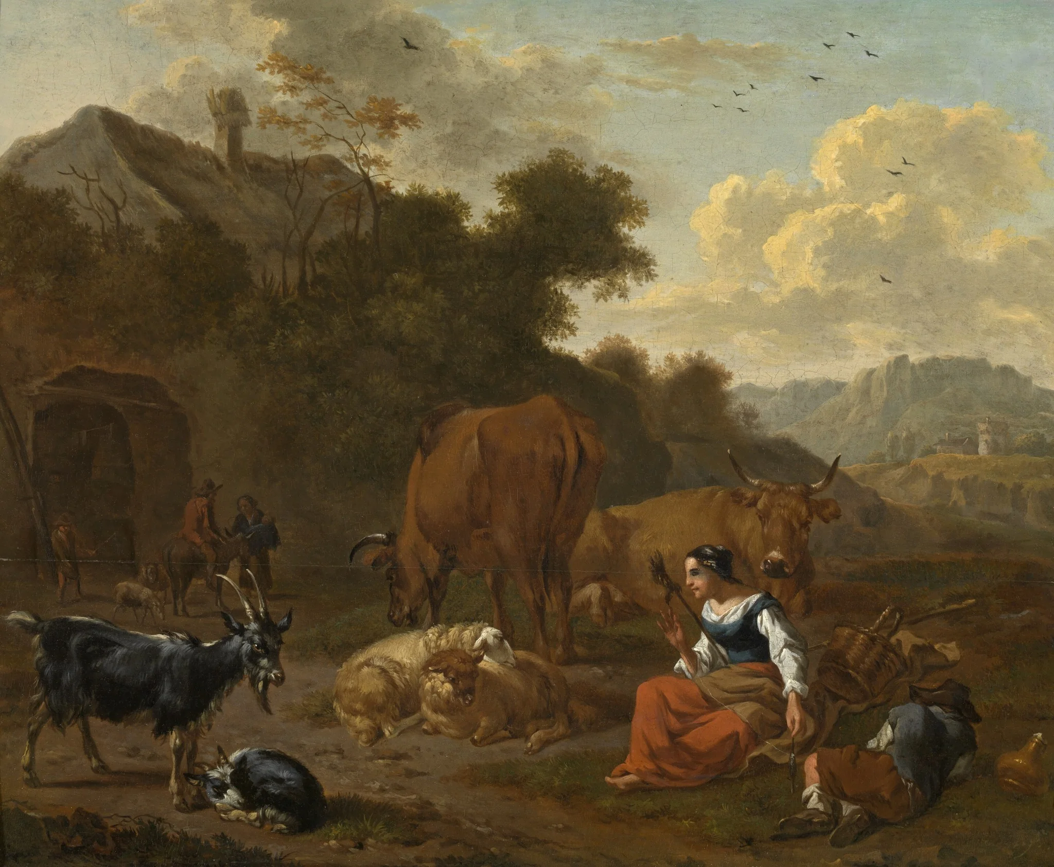 Landscape with a Spinner and Cattle, by Dirck van der Bergen, oil, 1682