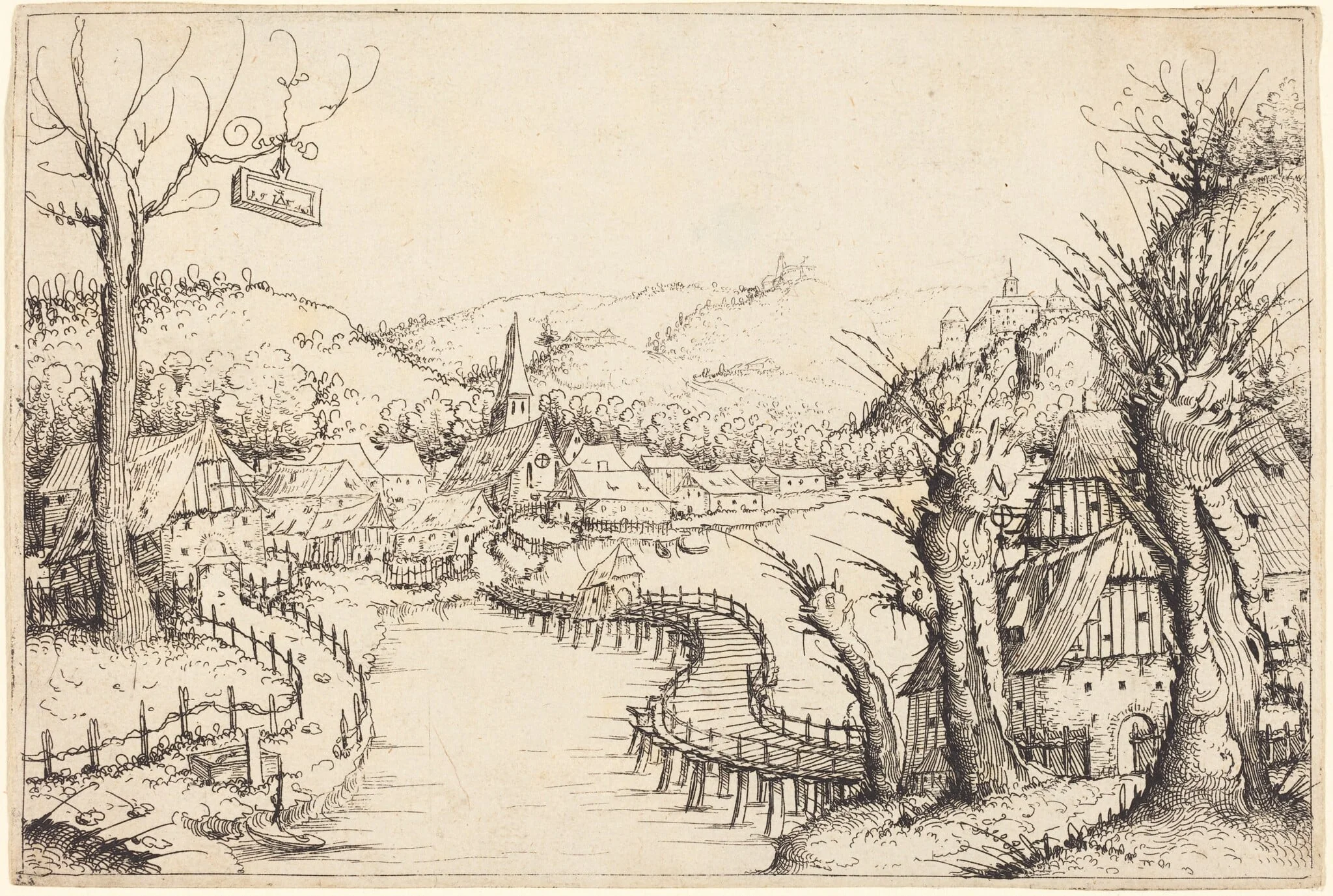 River Landscape with Wooden Bridge, by Augustin Hirschvogel, ink, 1546