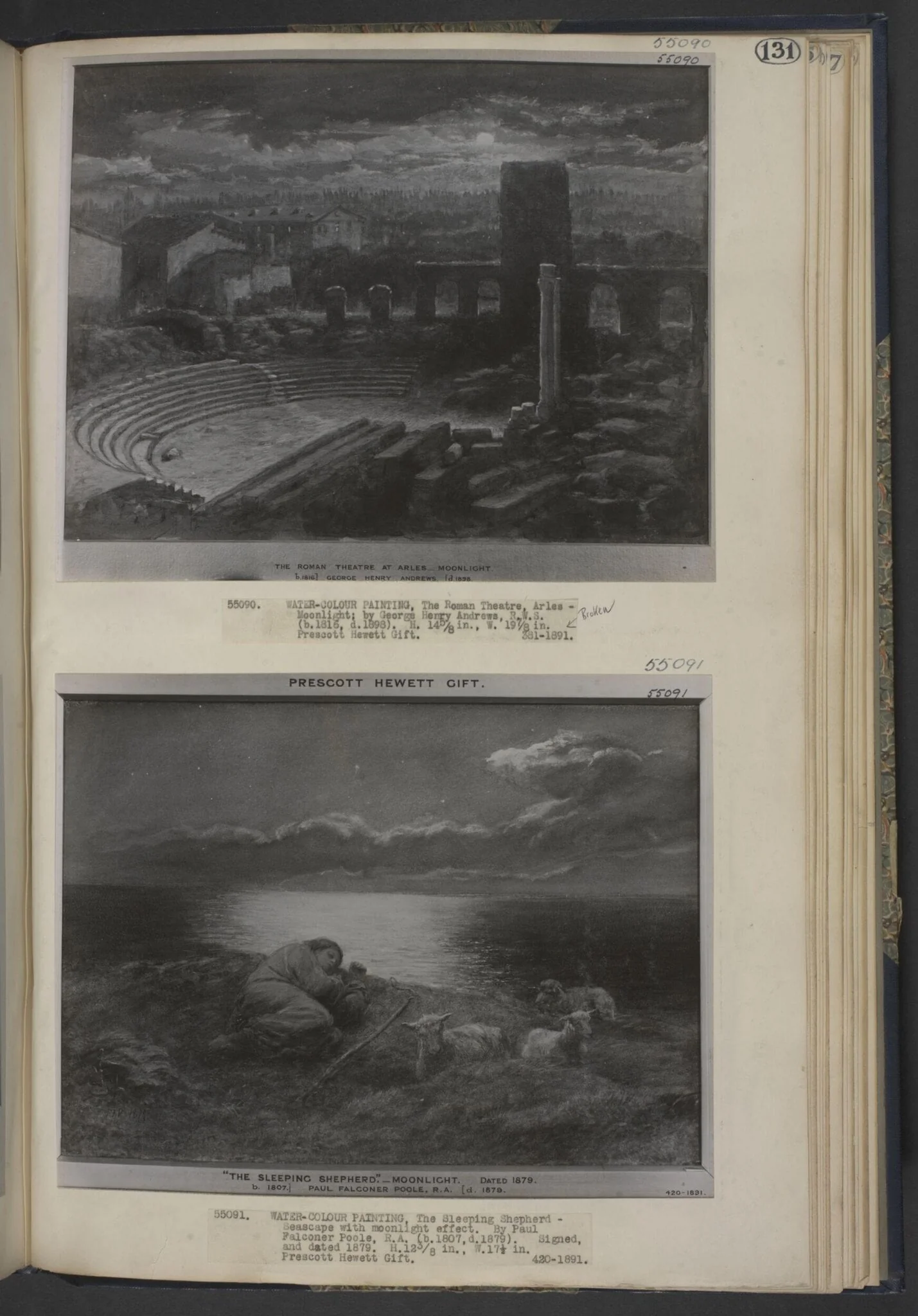 The Sleeping Shepherd : Seascape, with moonlight effect, by Poole, watercolor, 1879