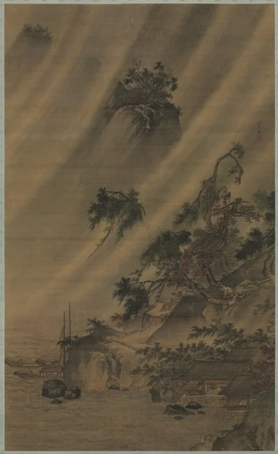River Village in a Rainstorm, by Lü Wenying, unspecified, 1491