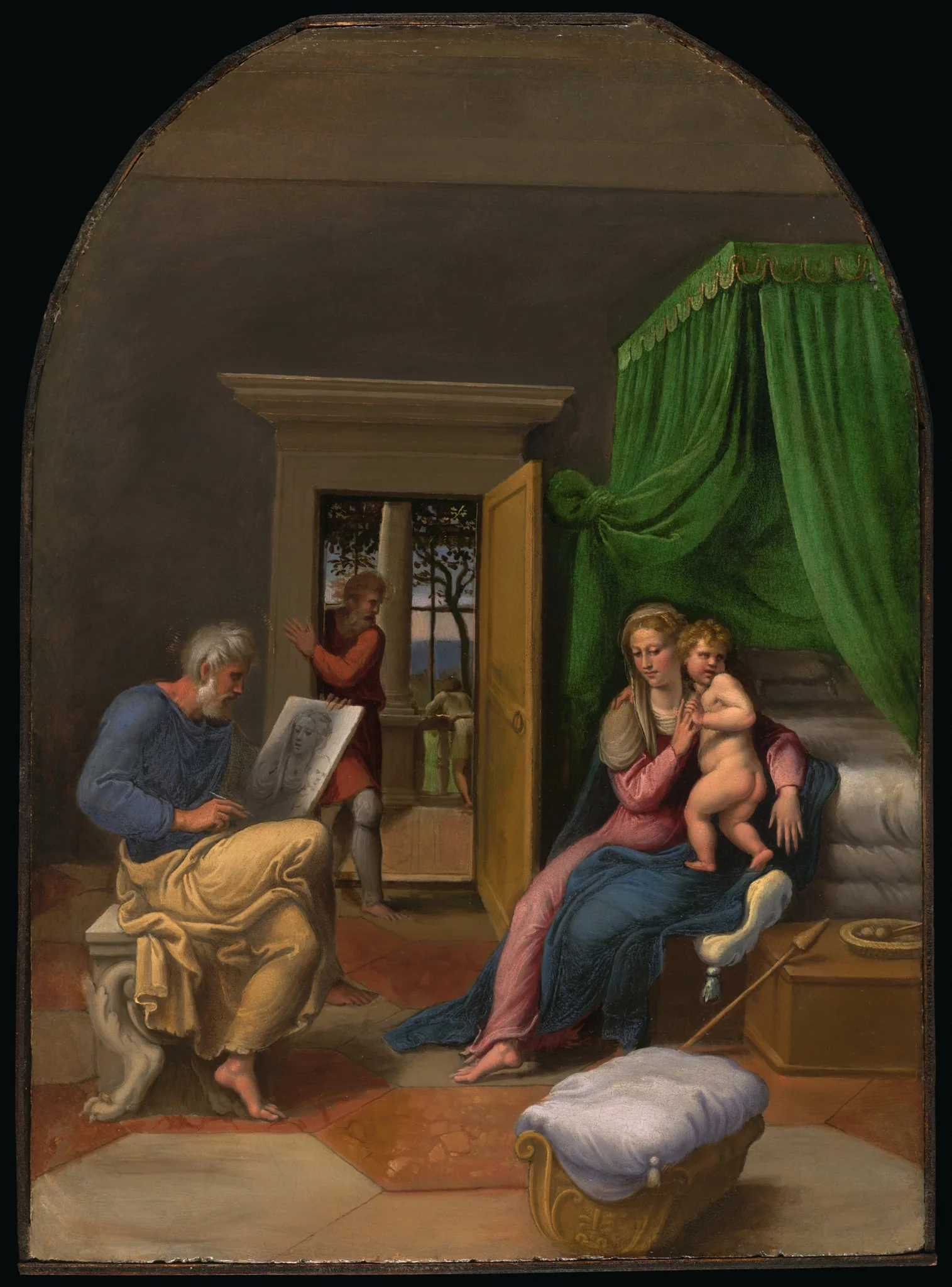 Saint Luke Drawing the Virgin and Christ Child, by Girolamo da Carpi, oil, 1535