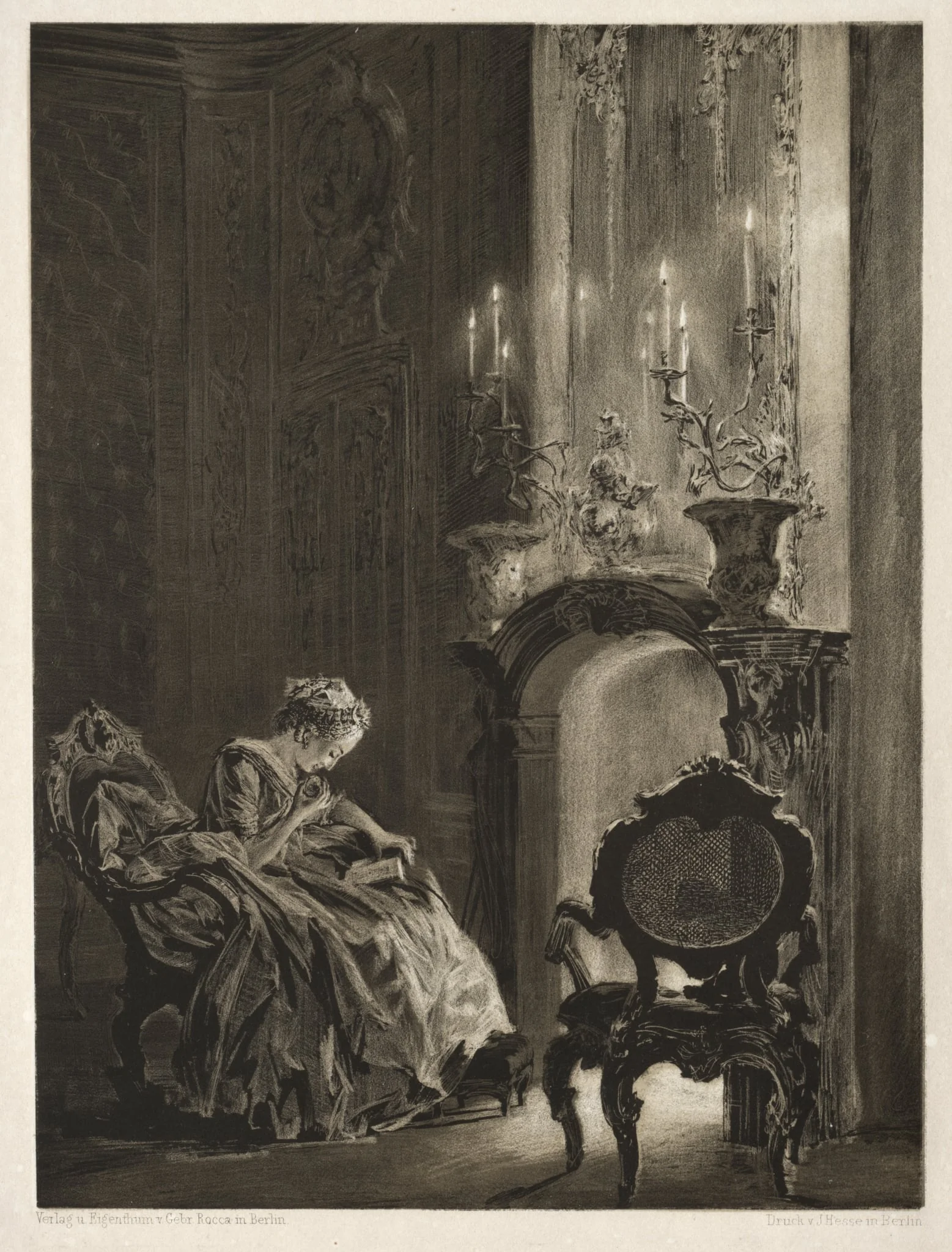Essay on Stone with Brush and Scraper:  Woman Reading at the Fireside, by Adolph von Menzel, 1851