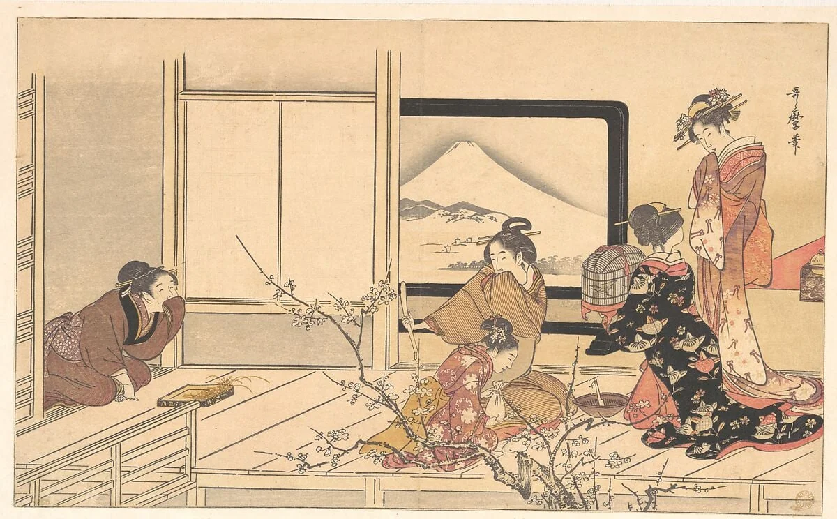 喜多川歌麿画　『男踏歌』　鶯の餌すり|“Preparing Food for the Warbler,” from the album Men’s Stamping Dance (Otoko dōka, uguisu no esa suri), by Kitagawa Utamaro, ink, 1798