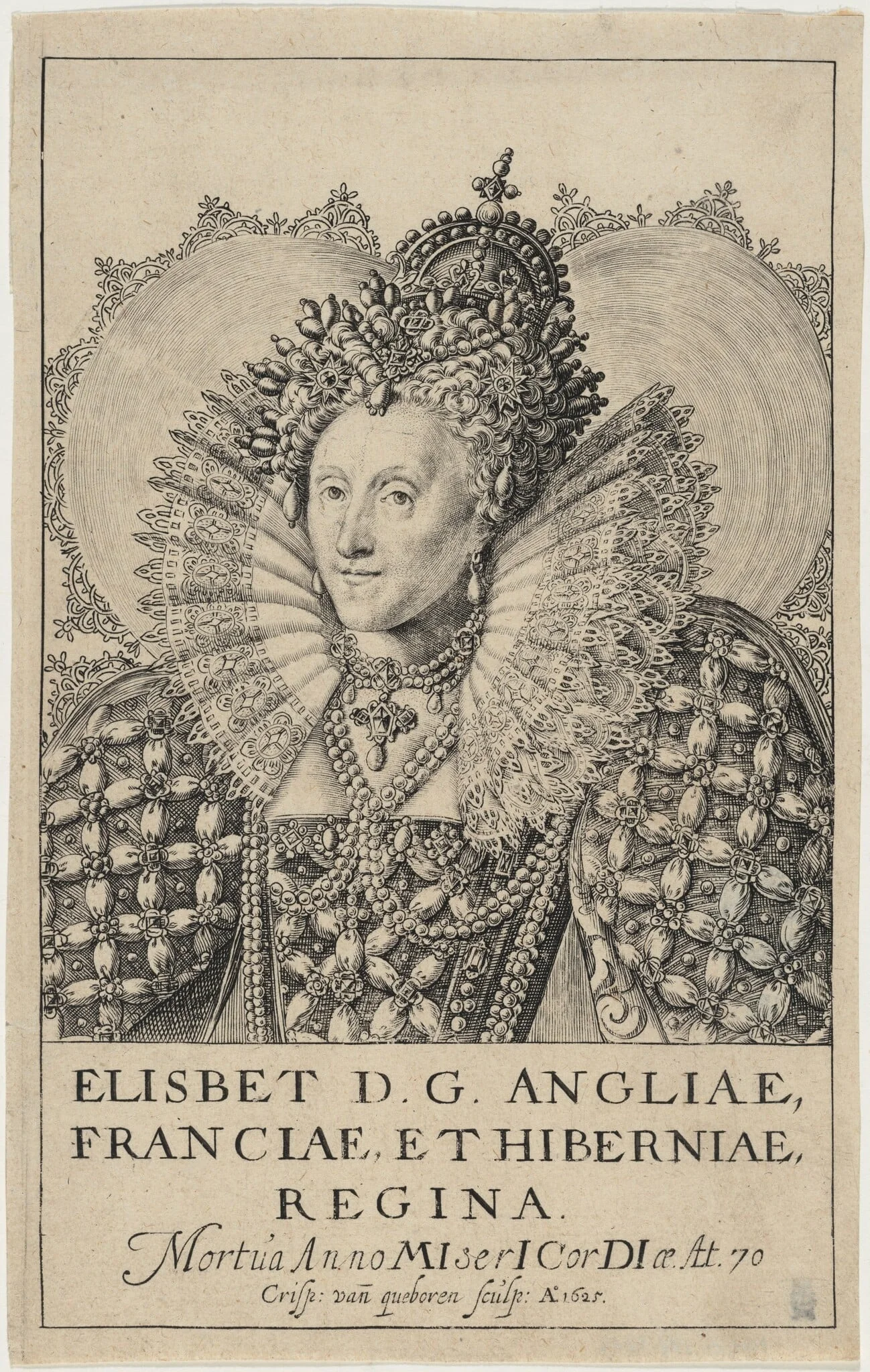 Queen Elizabeth, by Crispyn van den Queboorn, ink, 1625