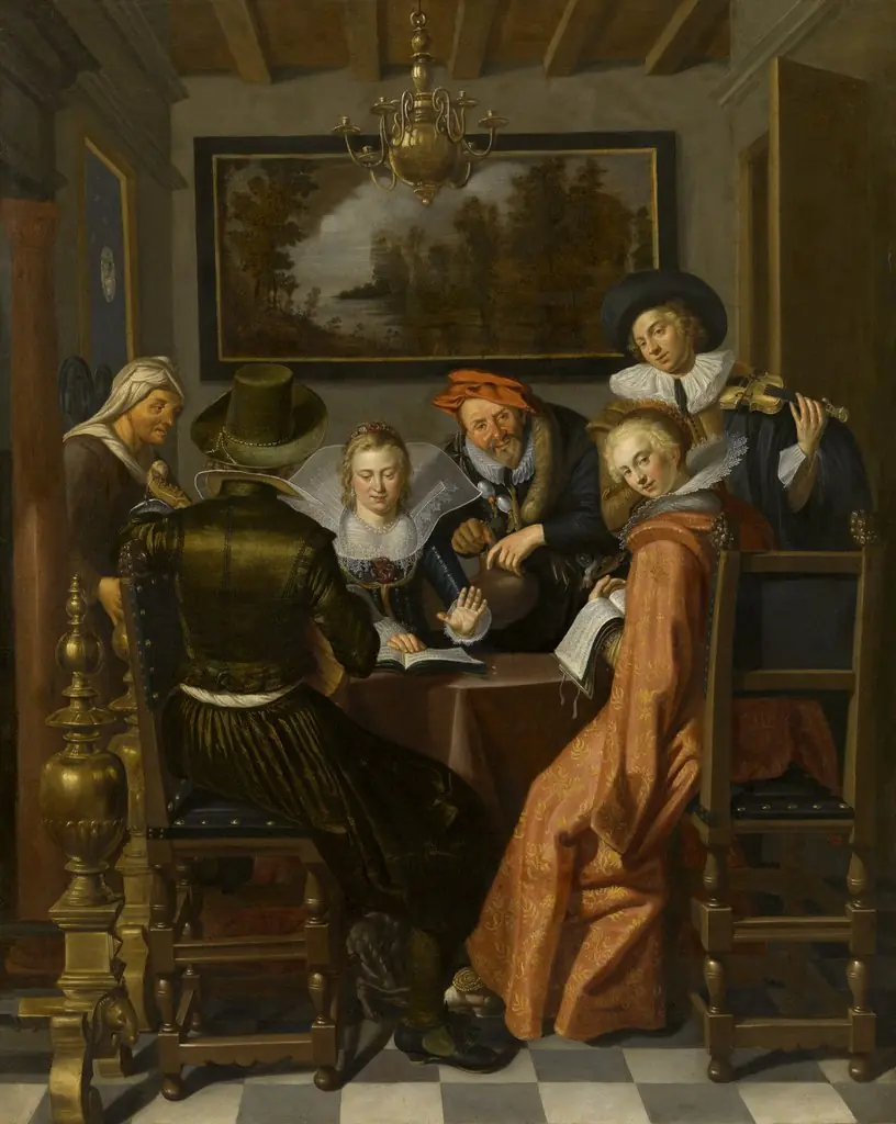 Elegant company playing music and singing in an interior