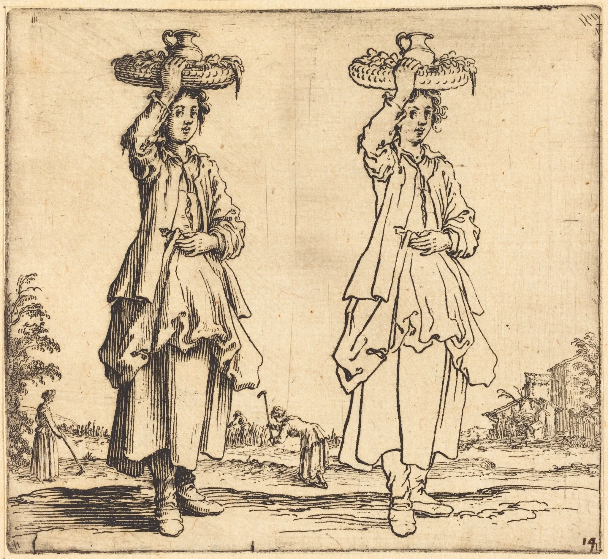 Peasant Woman with Basket on Head, Front View, by Jacques Callot, ink, 1622