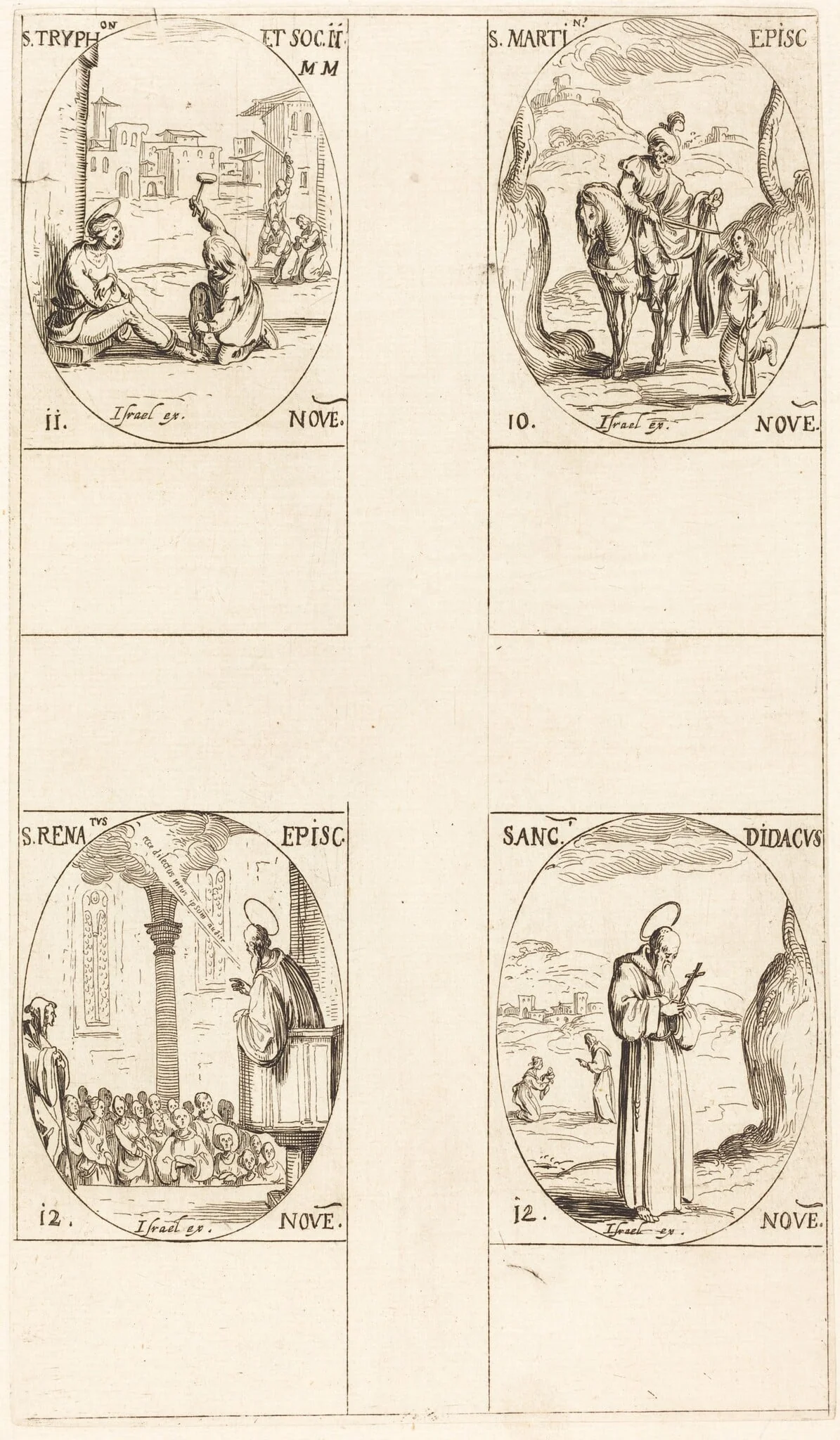 St. Martin; St. Tryphon and Companions; St. Renatus; St. Didacus, by Jacques Callot, ink, 1634