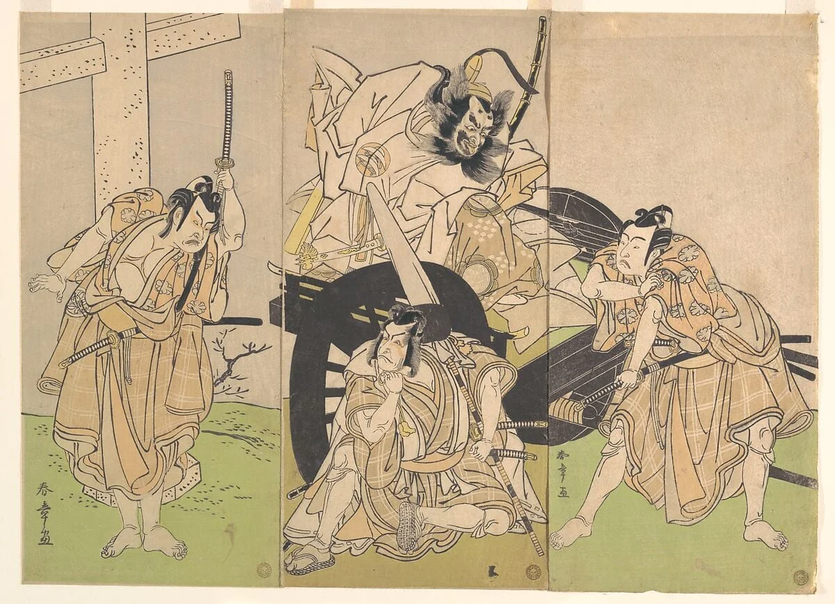 二代目市川八百藏・二代目中島三甫右衛門・三代目市川海老藏・九代目市村羽左衛門|Kabuki Actors Ichikawa Yaozō II, Nakajima Mihoemon II, Ichikawa Ebizō III, and Ichimura Uzaemon IX in the Play Sugawara’s Secrets of Calligraphy (Sugawara denju tenarai kagami), by Katsukawa Shunshō, ink, 7