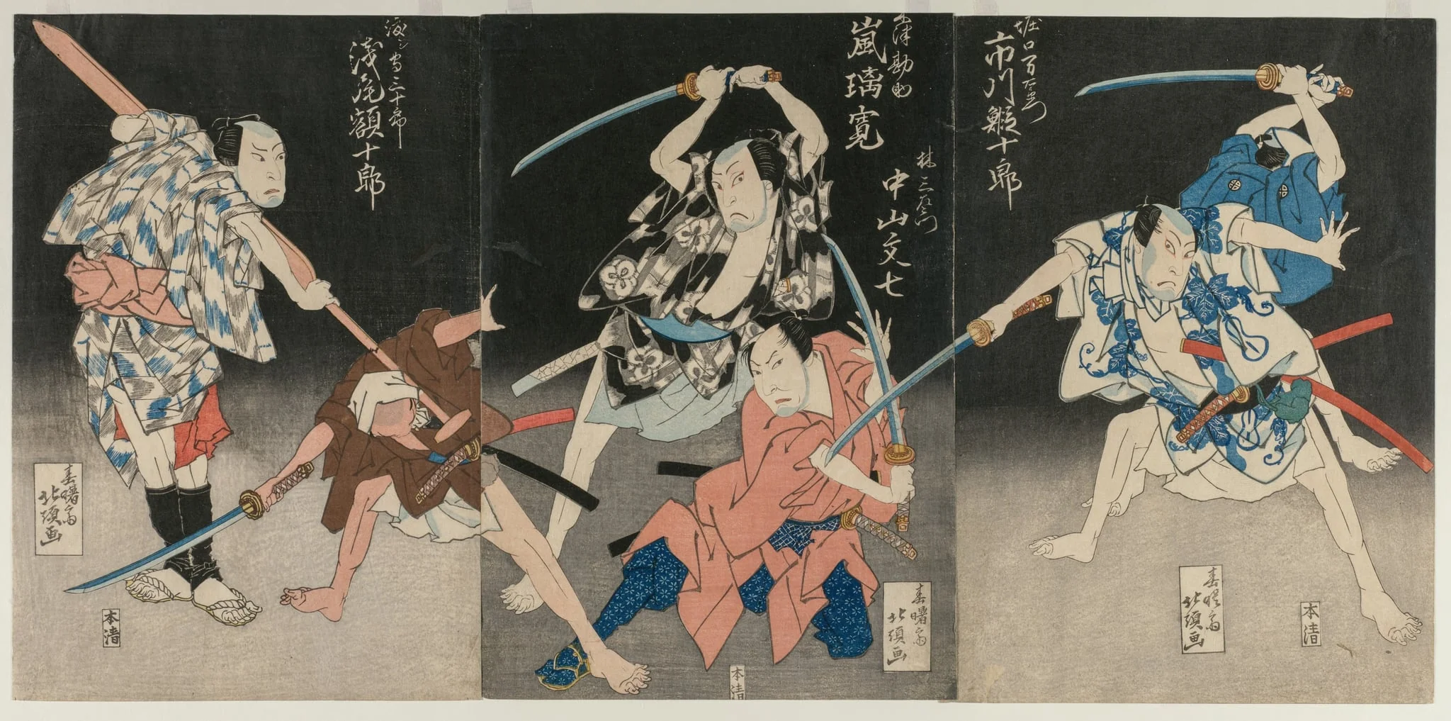 Ichikawa Ebijūrō II as Horiguchi Manzaemon (right), Arashi Rikan II as Kizu Kansuke, Nakayama Bunshichi III as Hayashi Sanzemon (center), and Asao Gakujurō as the Ferryman Sanjūrō (left) from the Kabuki Play "Eight Views of the Kizu River by Boating Song"