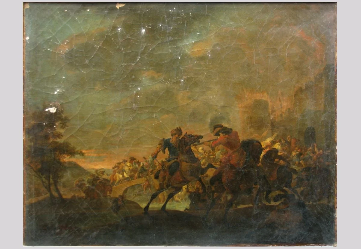 Luptă lângă o cetate (în Reg. Inv.: Atac dintr-o cetate) (pandant: Luptă de cavalerie lângă pietre antice, în Reg. Inv.: Luptă de cavalerie între pietre antice), by Herman, zis Stillheid Van Lin, unspecified