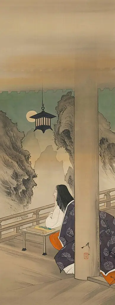 Murasaki Shikibu at Ishiyamadera Temple, based on the print “The Moon at Ishiyama,” from the series One Hundred Aspects of the Moon (Tsuki hyakushi: Ishiyama no tsuki)