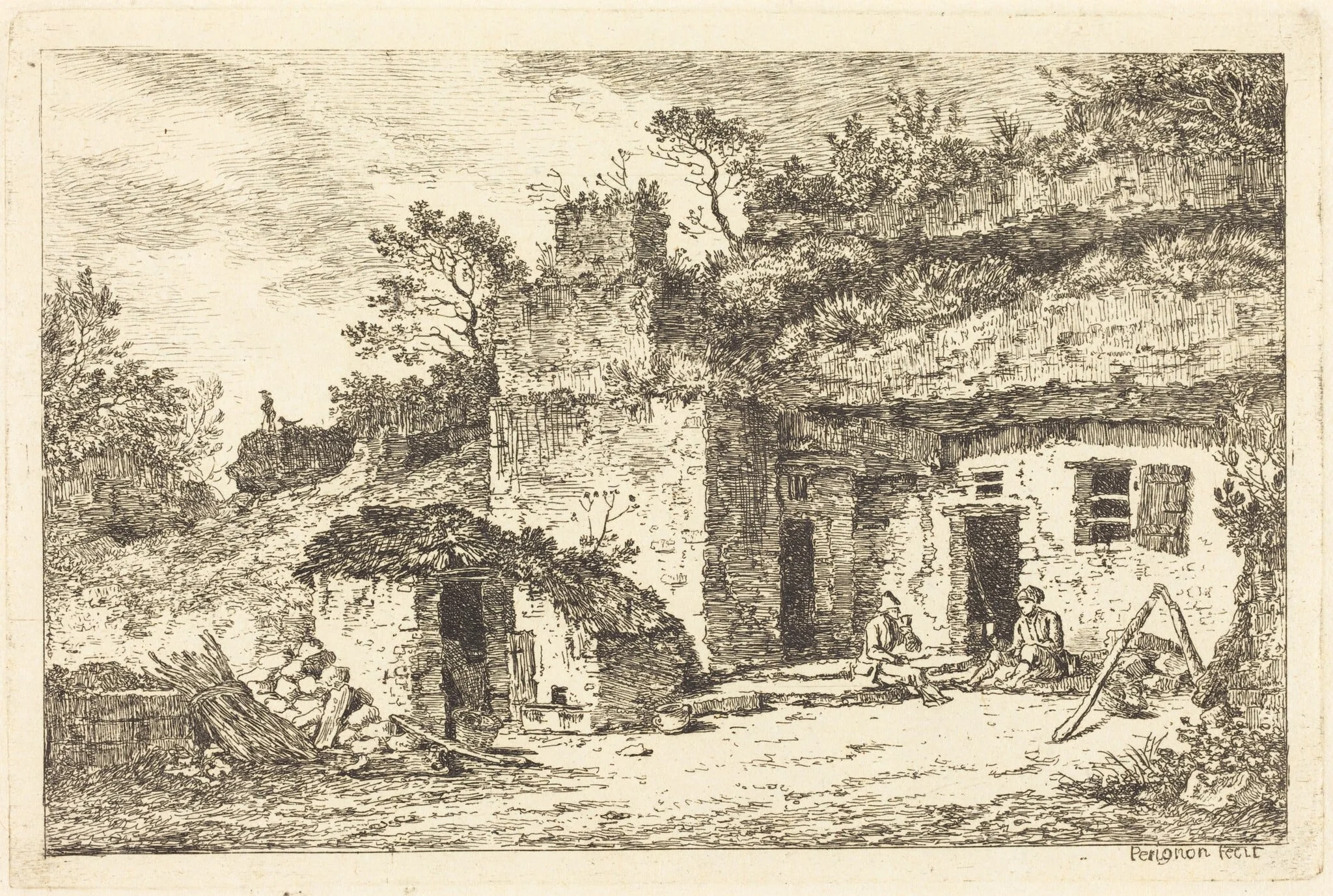 A Cottage with Two Men Seated at the Doorway, by Nicolas Pérignon, ink, 1770