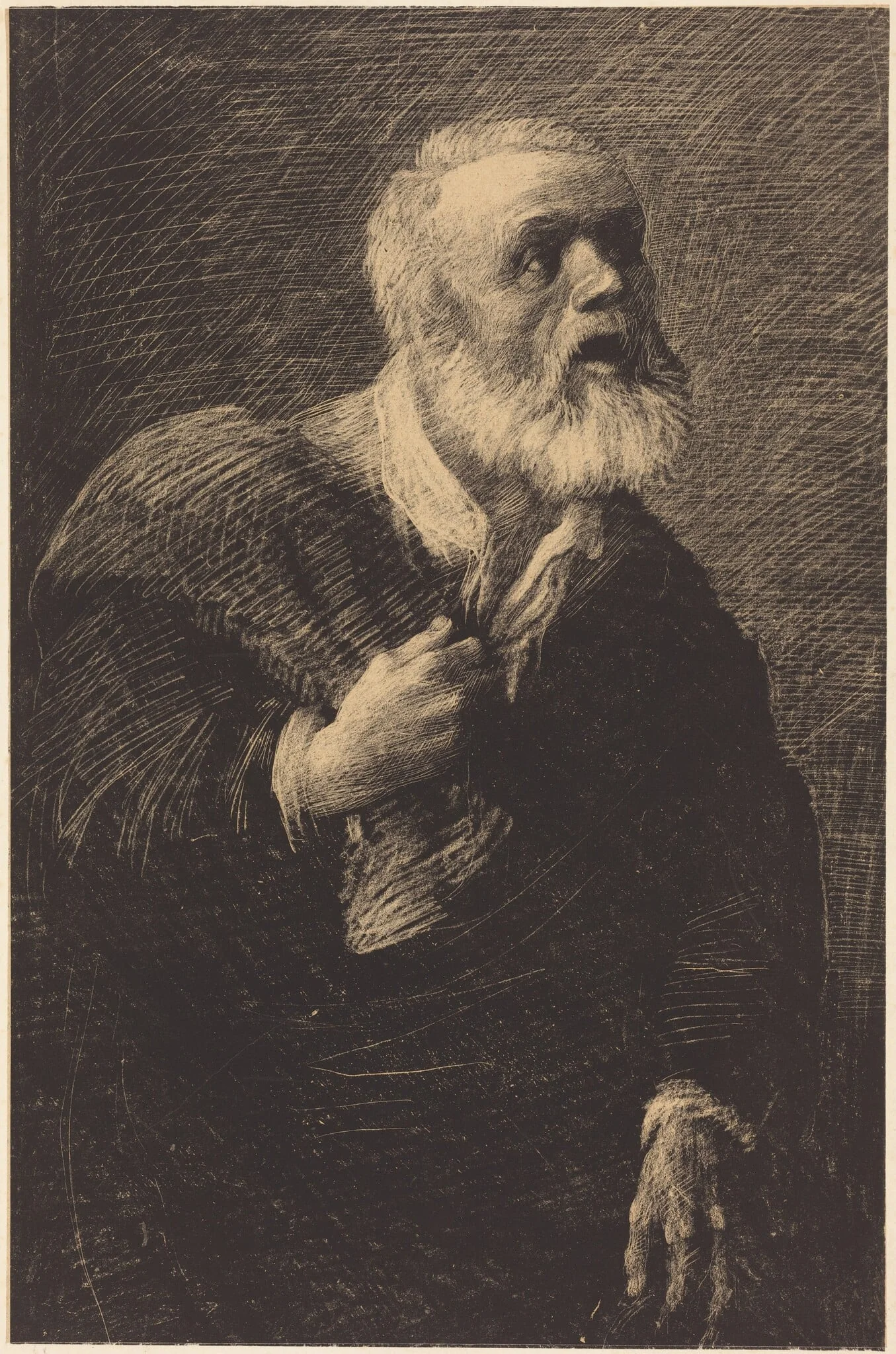 Night Crier (Le crieur de nuit), by Alphonse Legros, ink, 1874