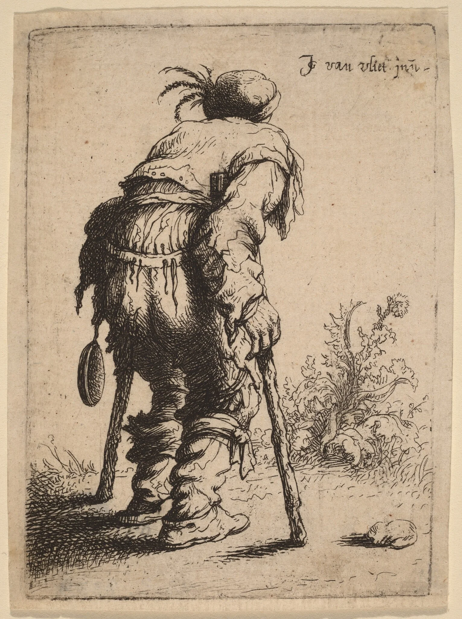 Beggar with Two Crutches, by Johannes van Vliet, ink, 1632
