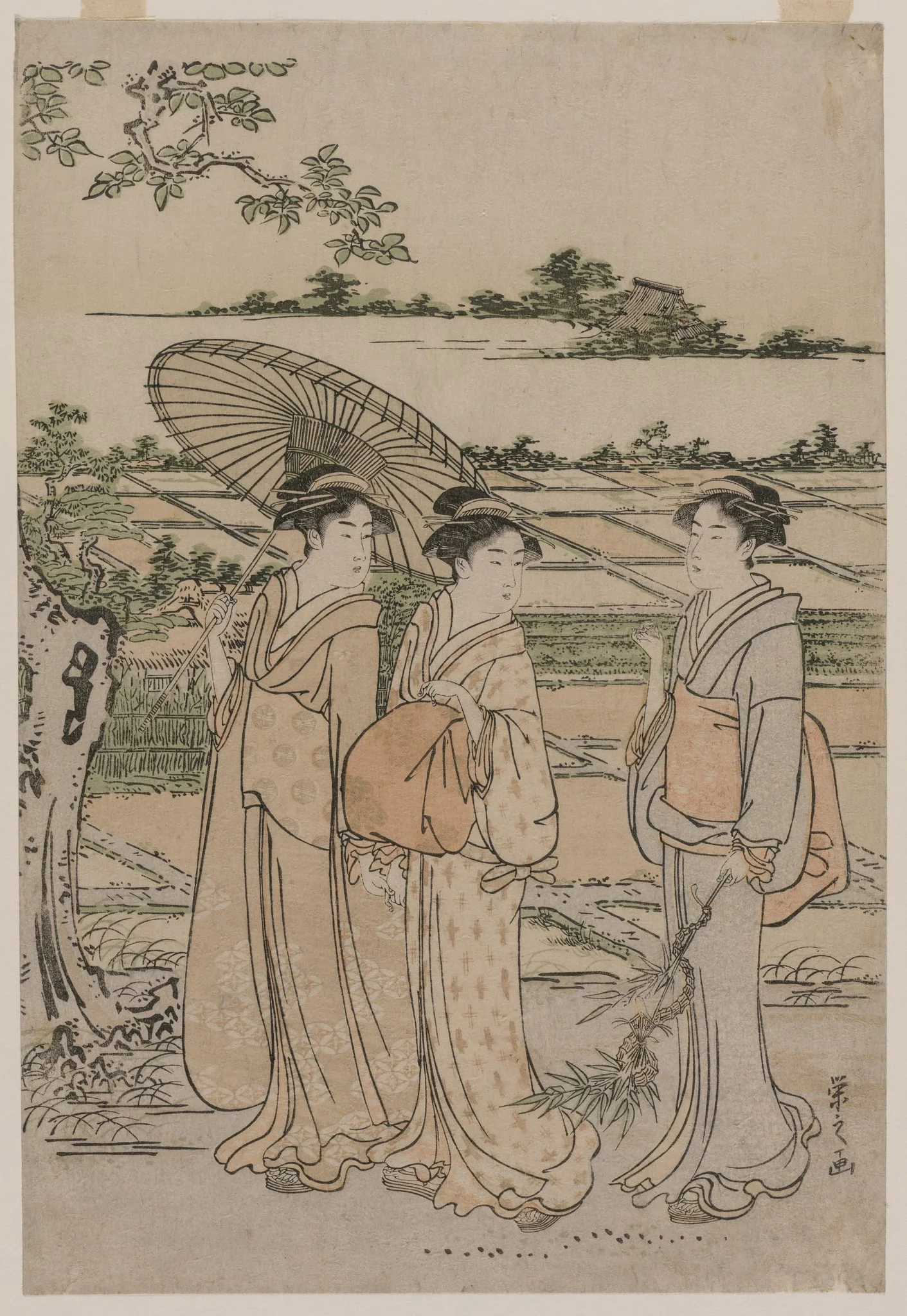 Three Women Strolling in the Countryside, by Chôbunsai Eishi, 1784