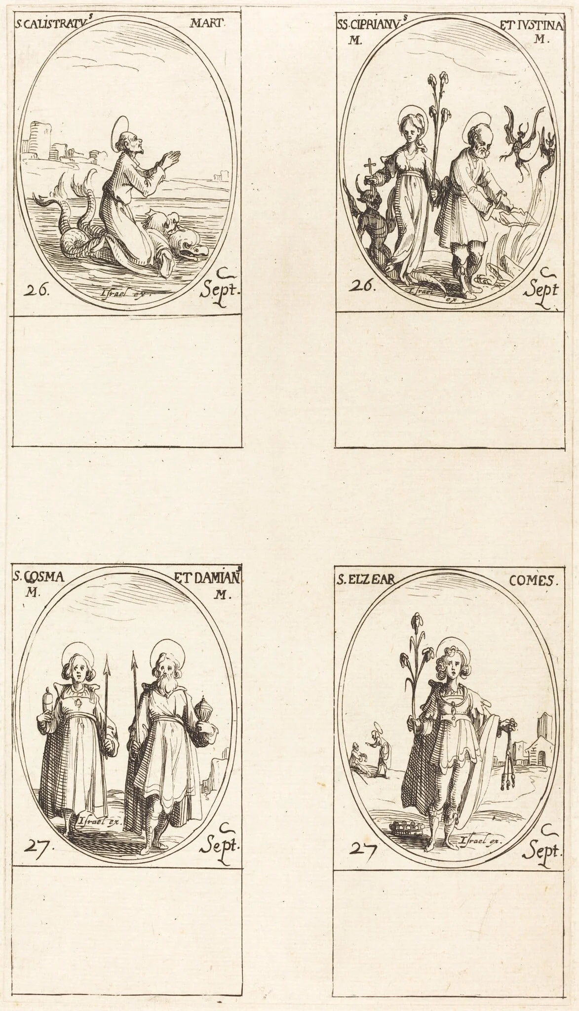 St. Calistratus; Sts. Cyprian and Justina; Sts. Comus and Damian; St. Elzear, Count, by Jacques Callot, ink, 1634