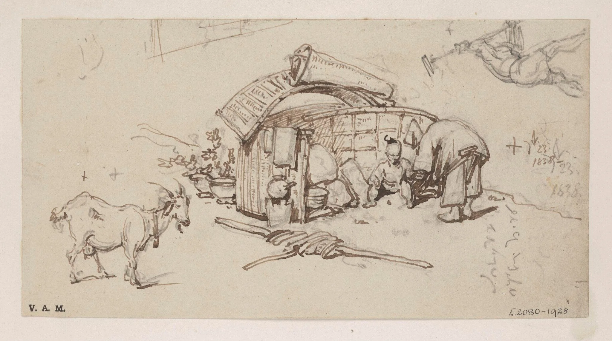 A beached Tanka boat adapted as a dwelling, by George Chinnery, 12