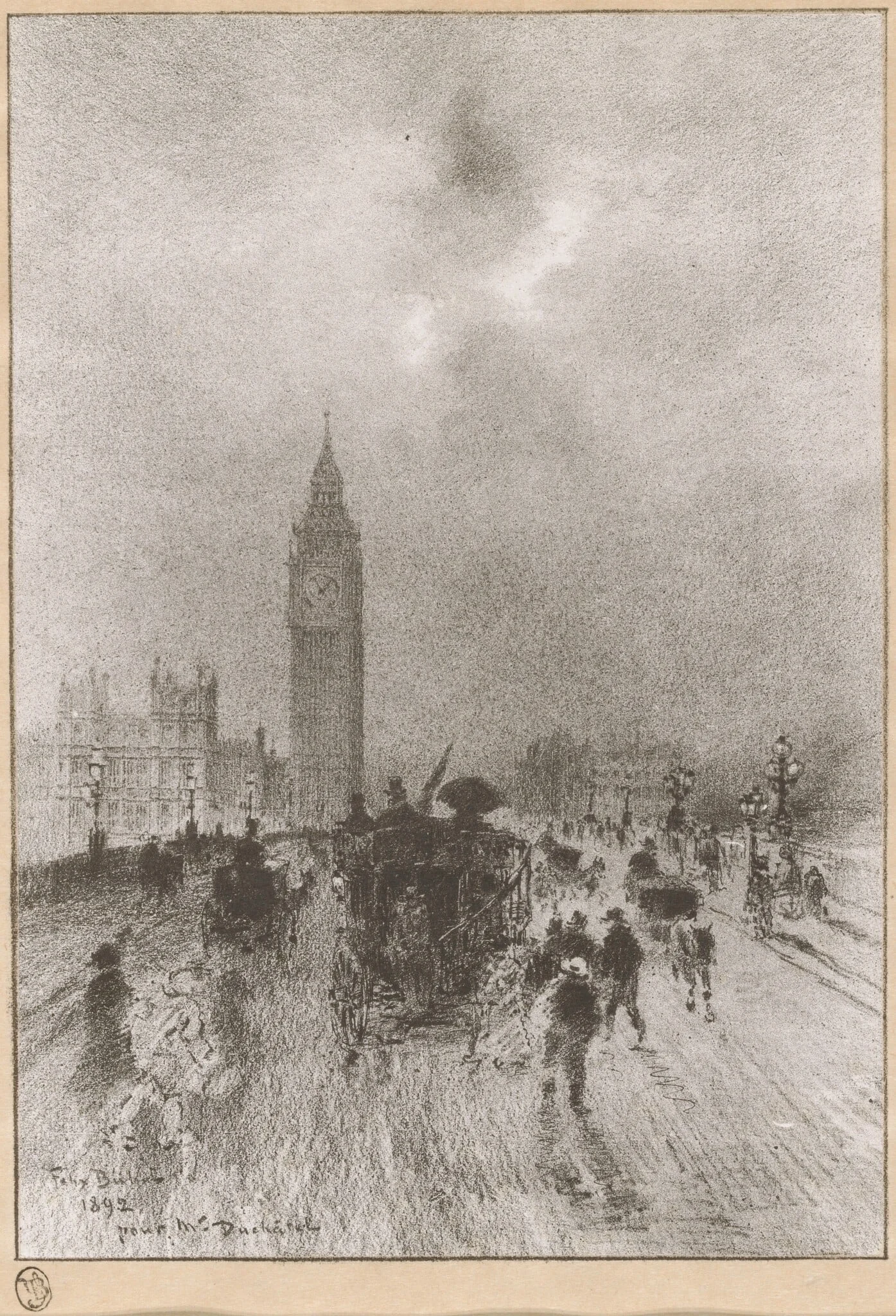 The Victoria Clock Tower London, by Félix-Hilaire Buhot, ink, 1892
