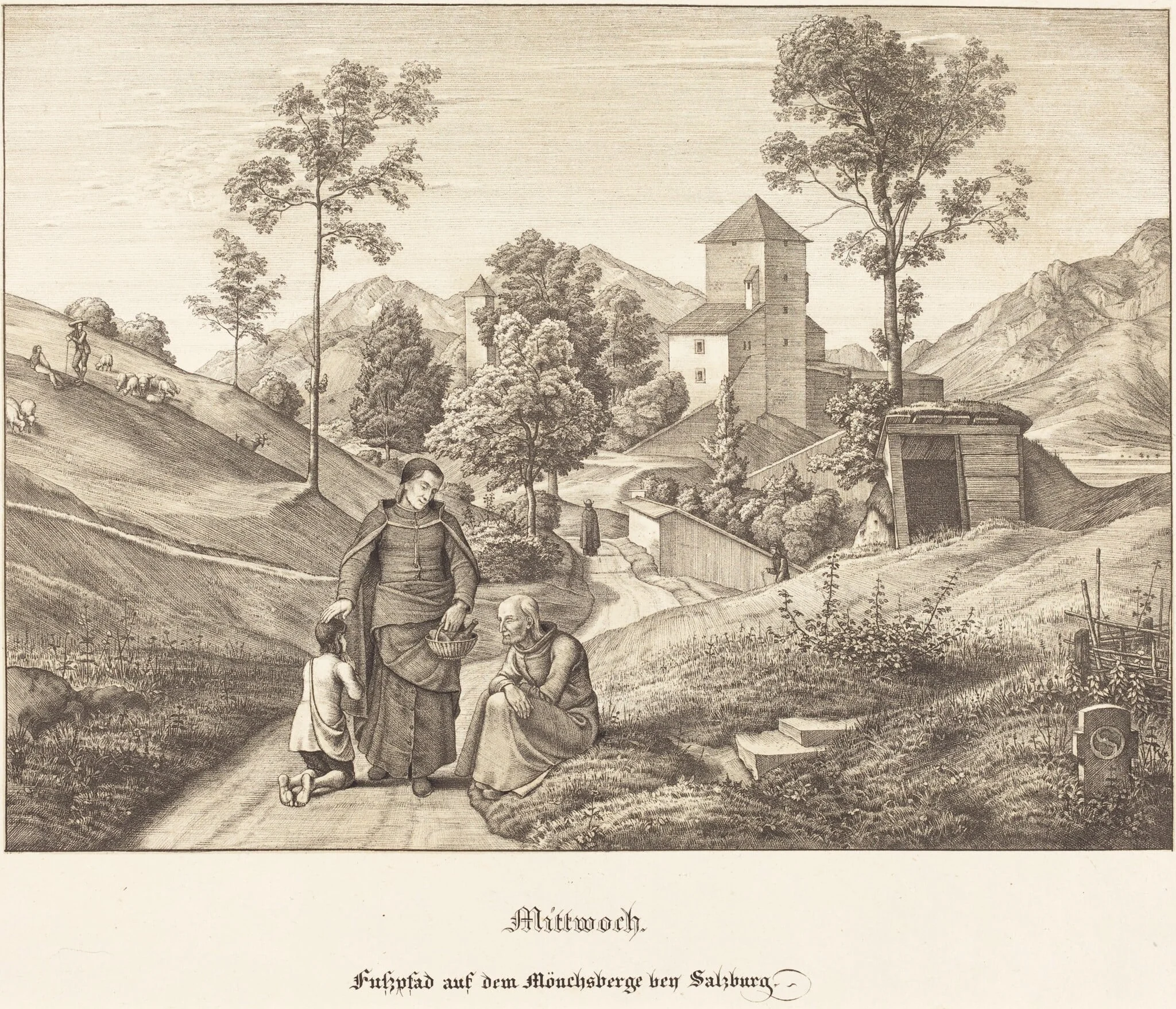Mittwoch - Fusspfad auf dem Mönchsberge bey Salzburg (Wednesday - Footpath on the Mönchsberge near Salzburg), by Ferdinand Olivier, ink, 1823