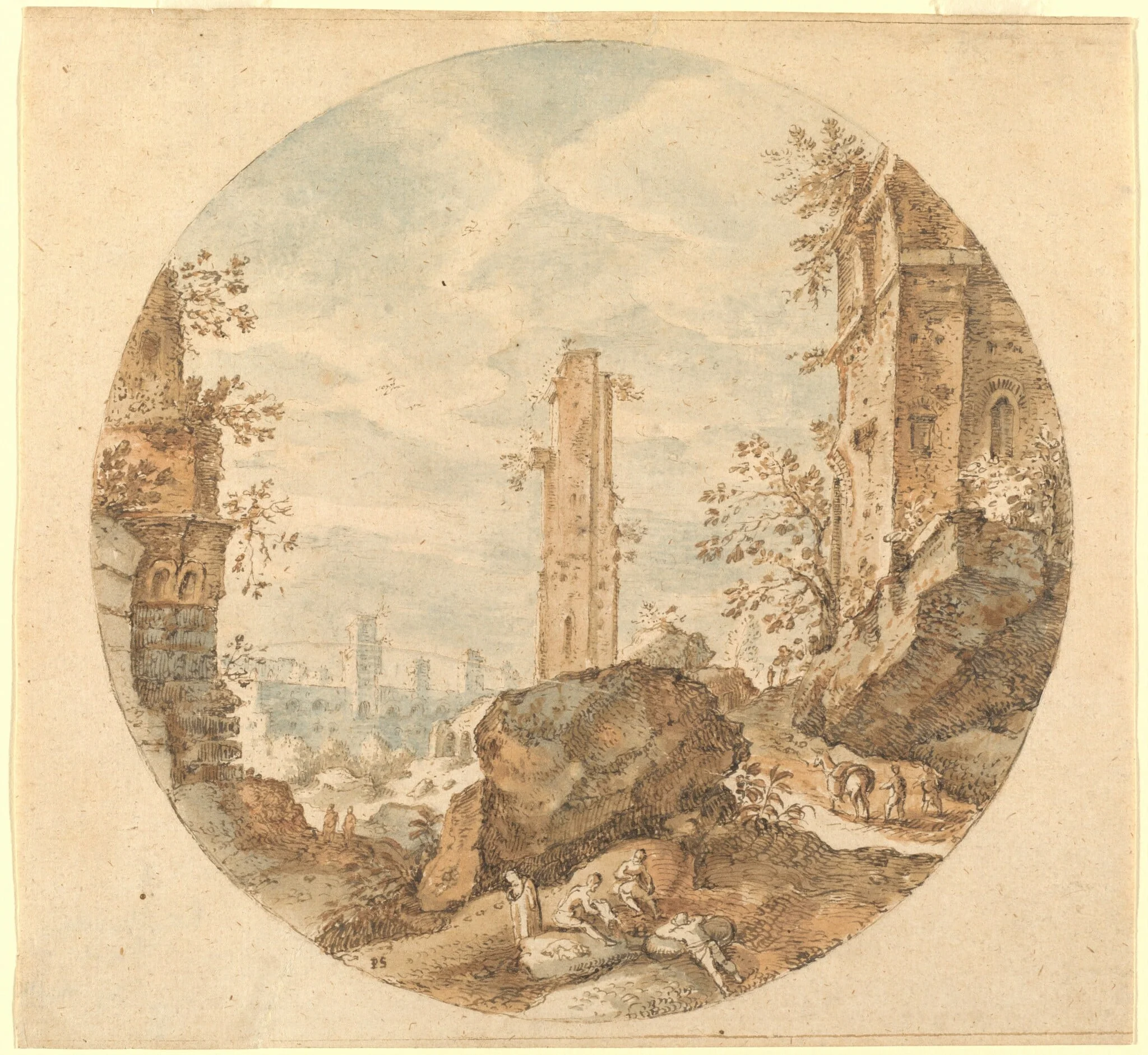 Travellers among Roman Ruins, by Pieter Stevens, ink, 1596