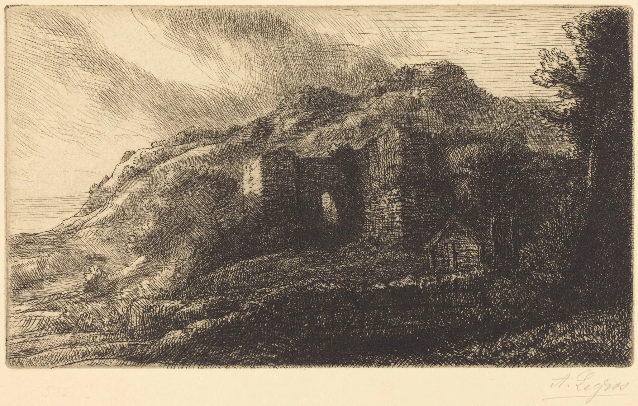 Ruins of a Chateau (Les ruines du chateau), by Alphonse Legros, ink, 1874