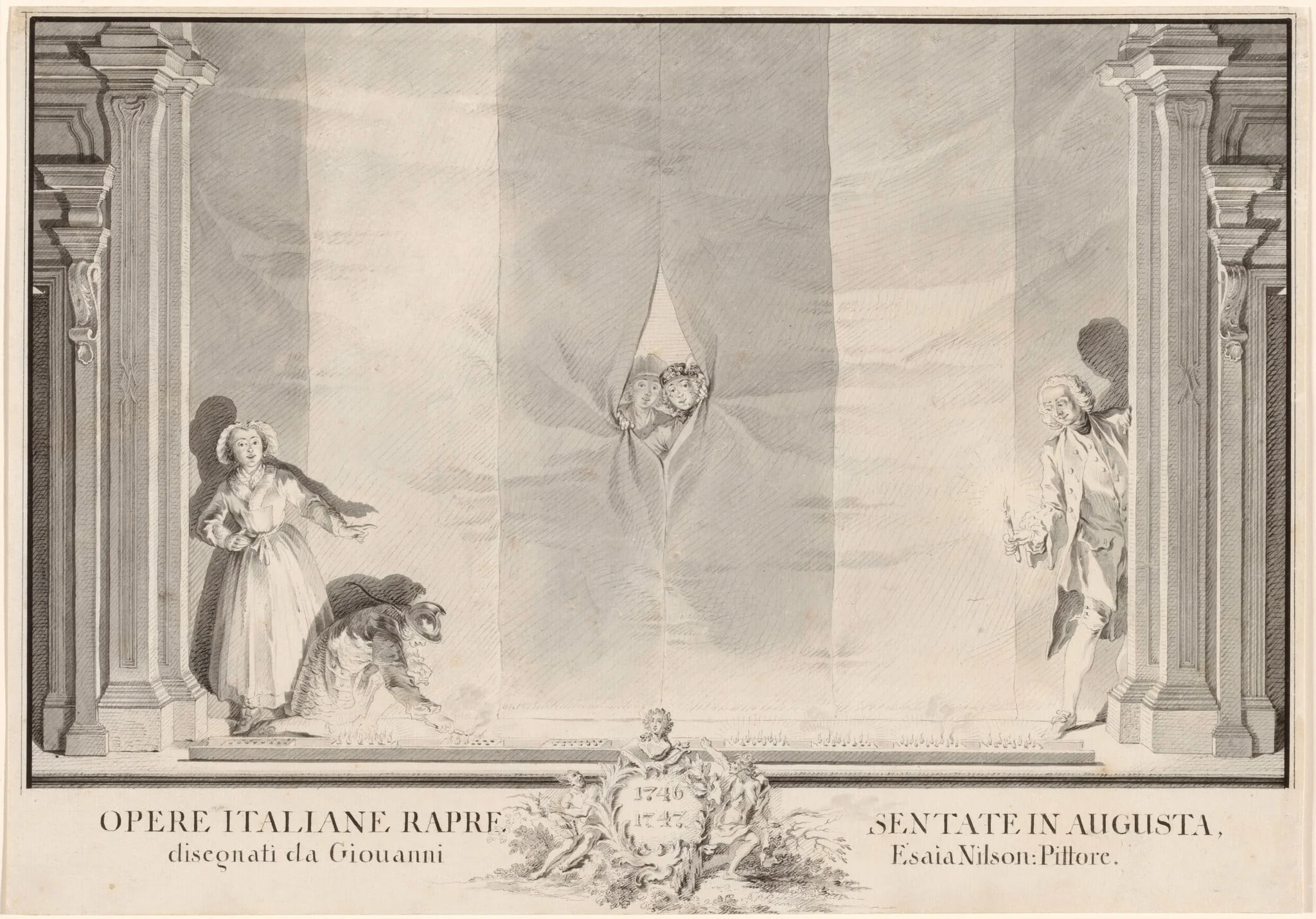 Two Actors Peeking through a Theater Curtain while Others Prepare the Footlights, by Johann Esaias Nilson, ink, 1754