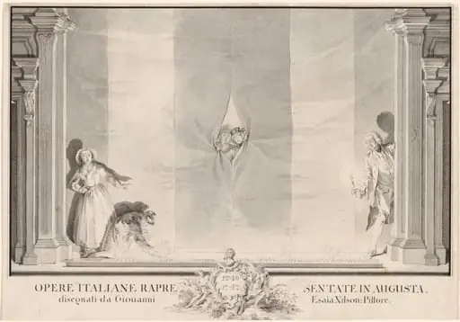 Two Actors Peeking through a Theater Curtain while Others Prepare the Footlights