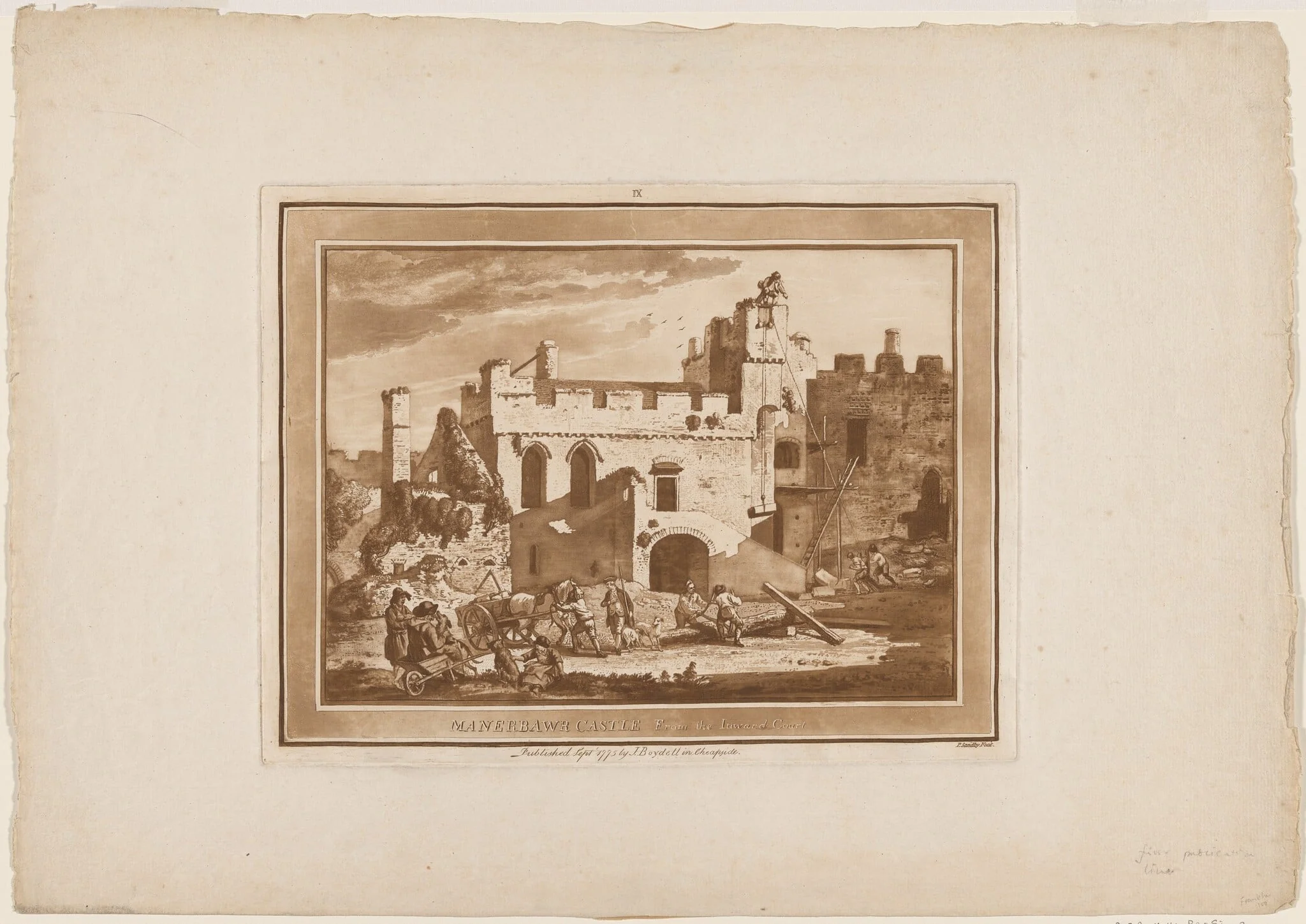 Manerbawr Castle from the Inward Court, by Paul Sandby, ink, 1775