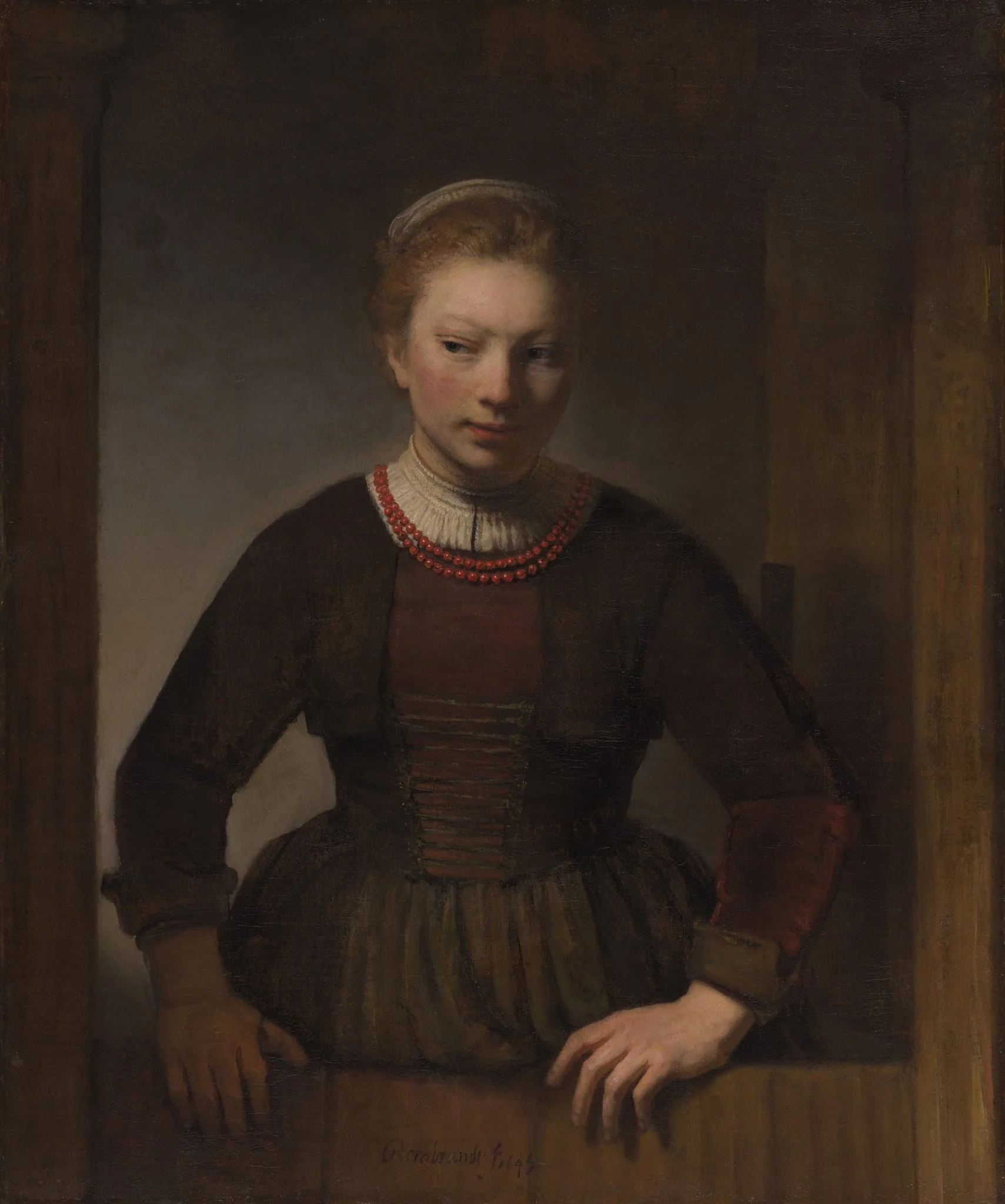 Young Woman at an Open Half-Door, by Workshop of Rembrandt van Rijn, oil, 1645
