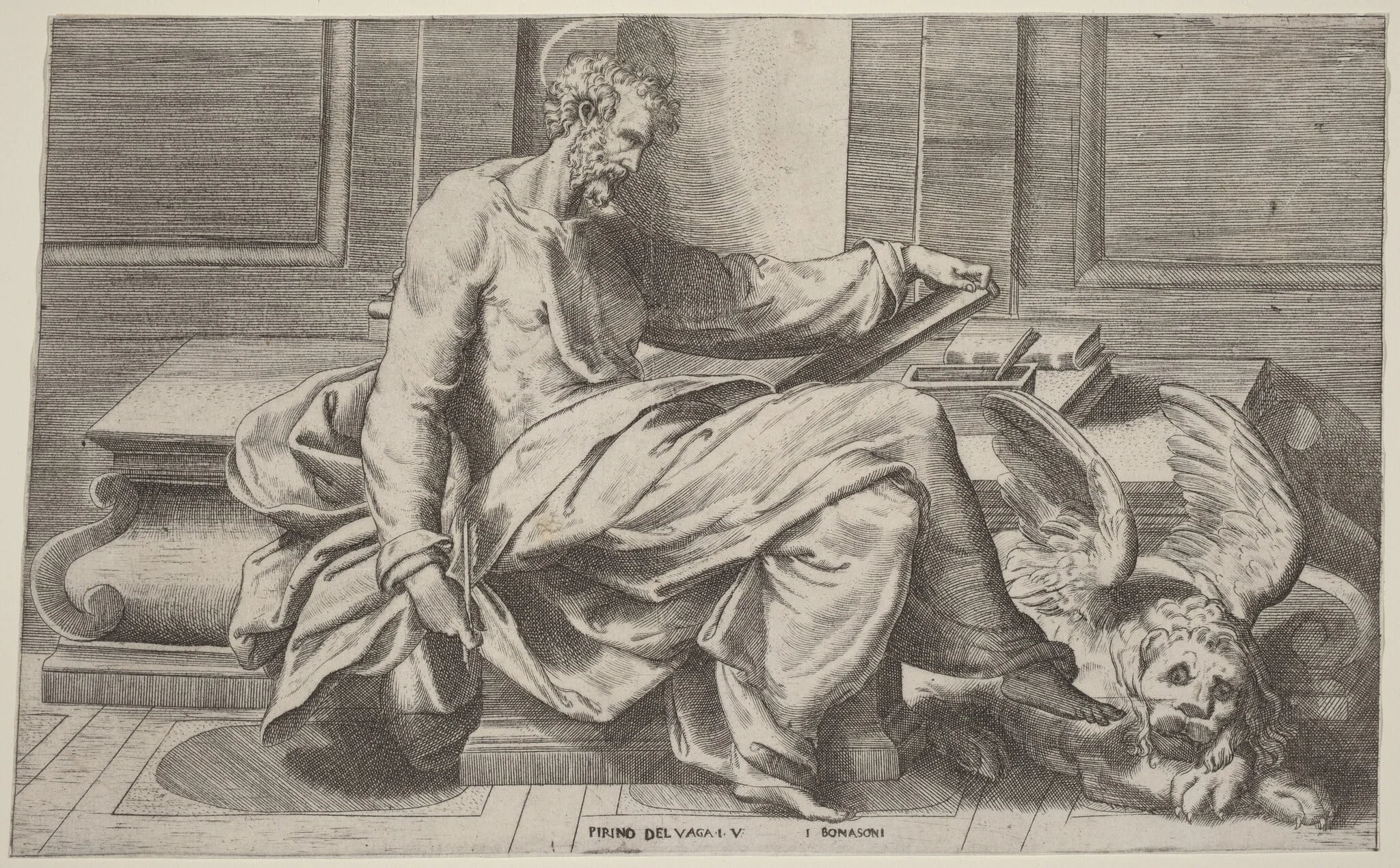 Saint Mark Writing His Gospels, by Giulio Bonasone, ink, 1539