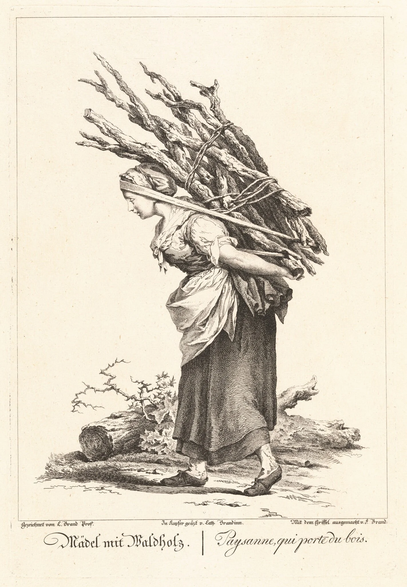 Mädel mit Waldholz (Peasant Girl Carrying Wood), by Catherine Brandinn, ink, 1775