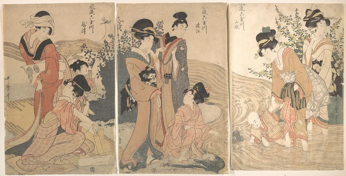 風流六玉川　山城　近江　摂津|Women and Children on the Banks of a Stream, by Kitagawa Utamaro, ink, 1780